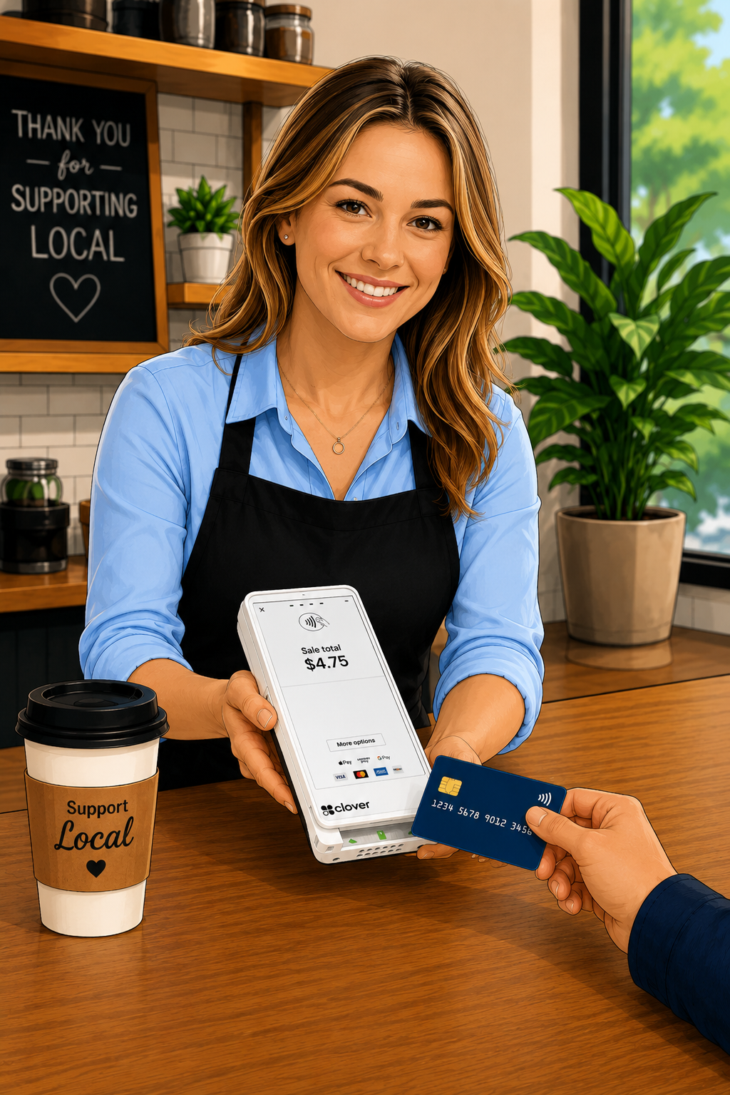 A local coffee shop owner taking a tap-to-pay payment