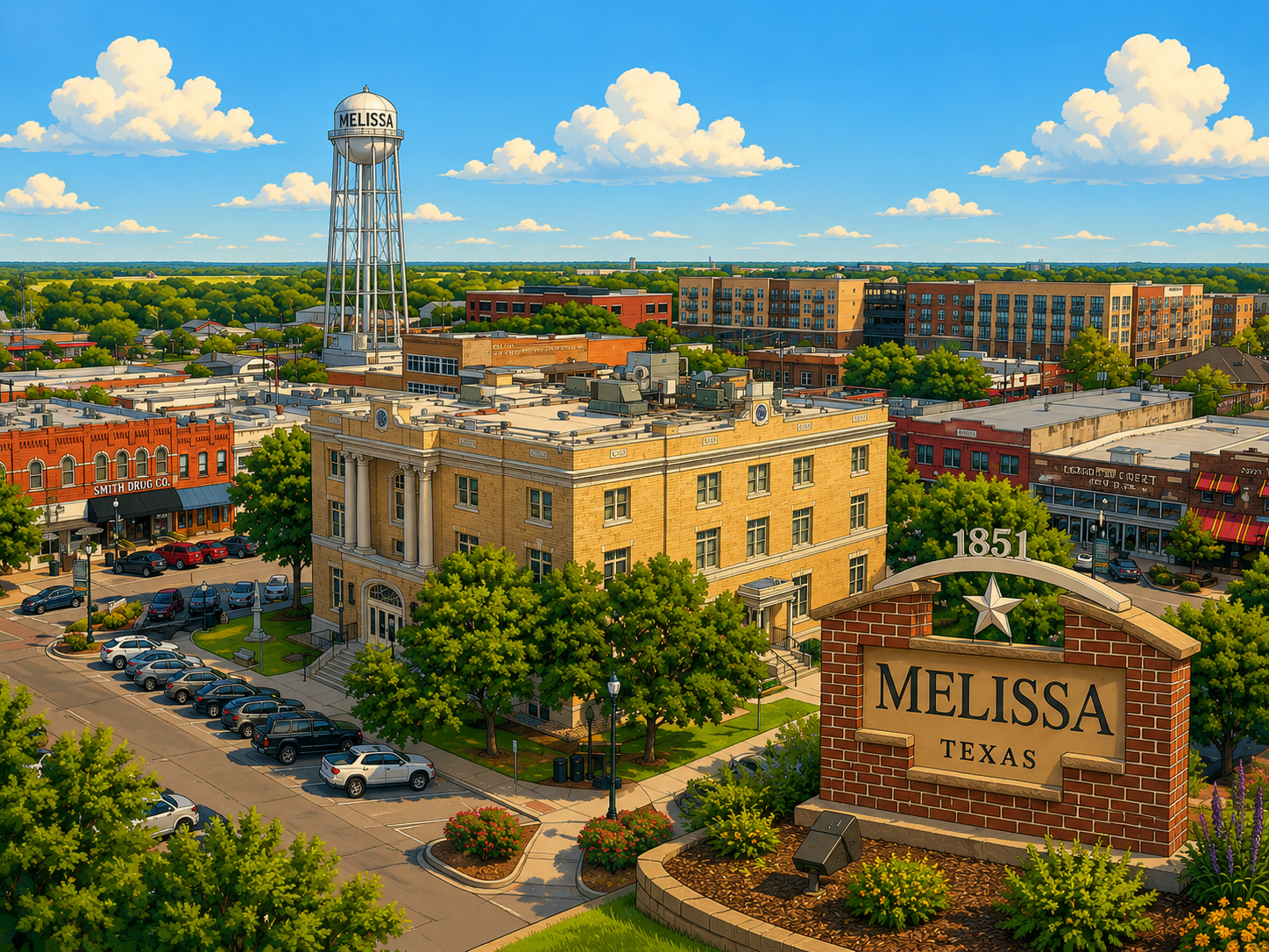 Melissa, Texas water tower and 1851 brick sign over downtown Melissa