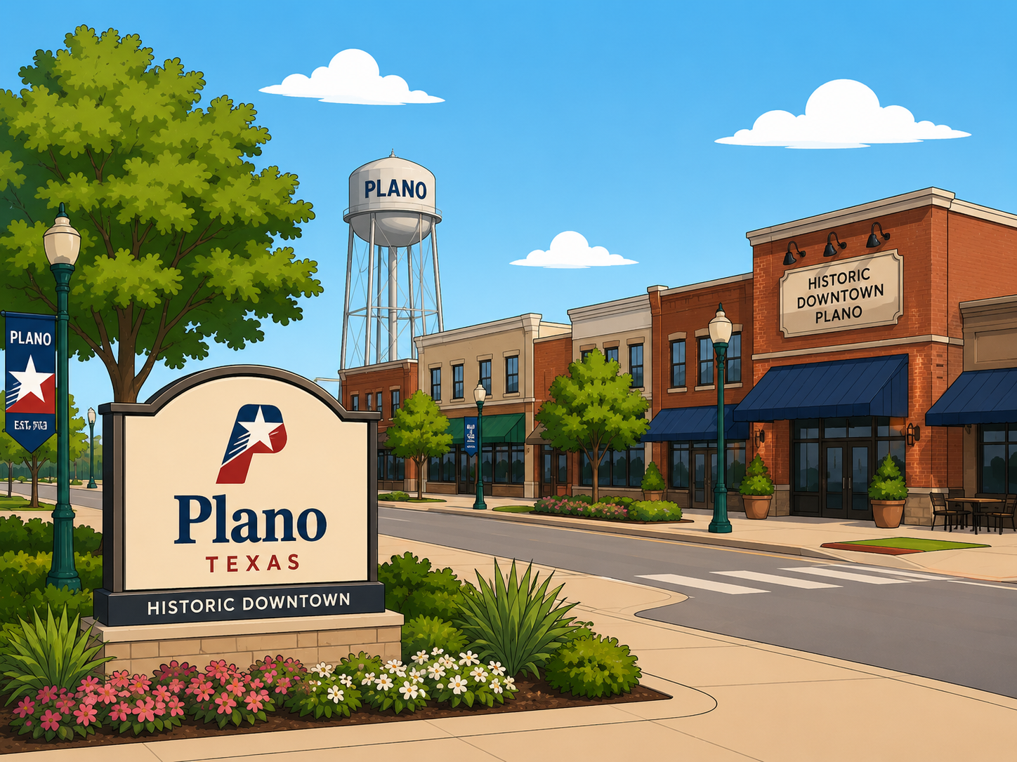 Historic Downtown Plano, TX with the Plano water tower