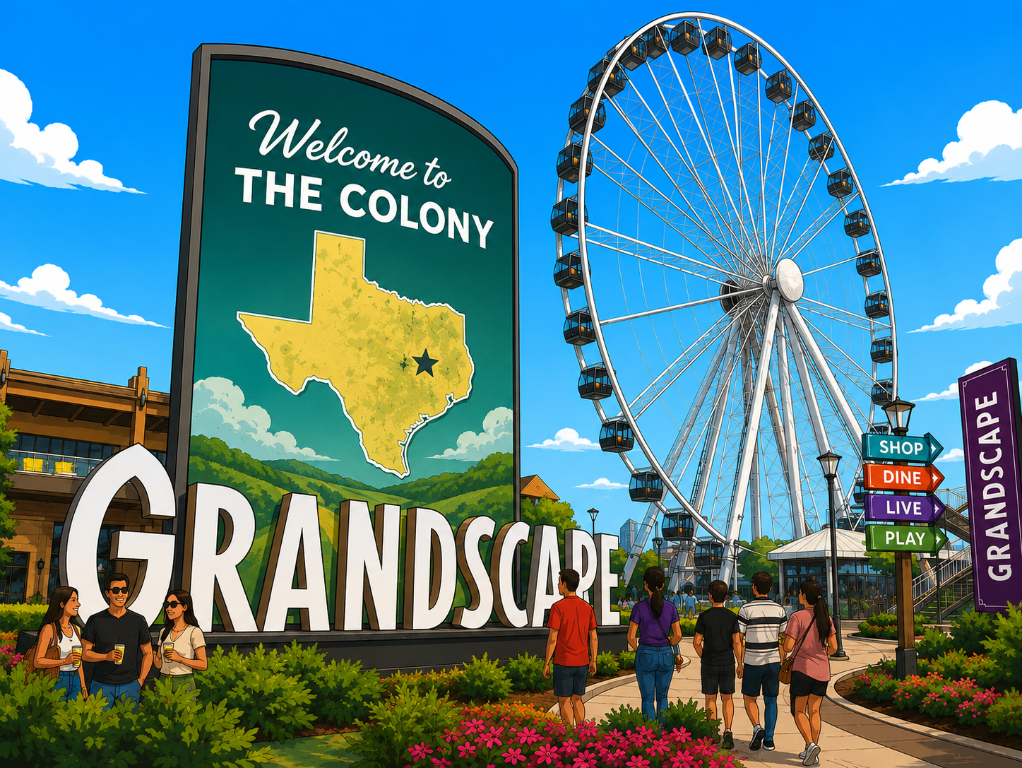 Welcome to The Colony, TX sign at Grandscape with Ferris wheel