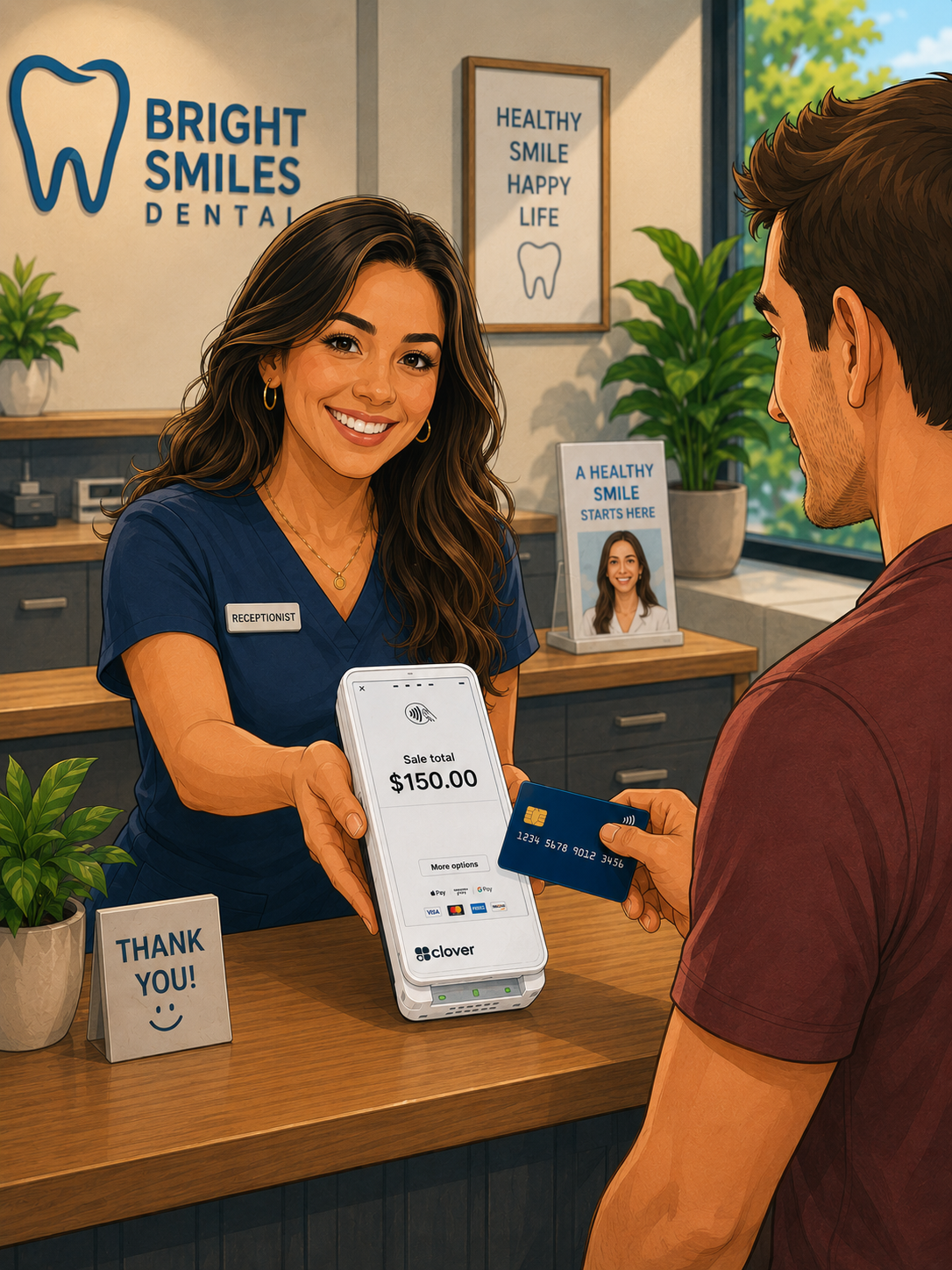 A Plano dental office receptionist taking a card payment on a Clover terminal