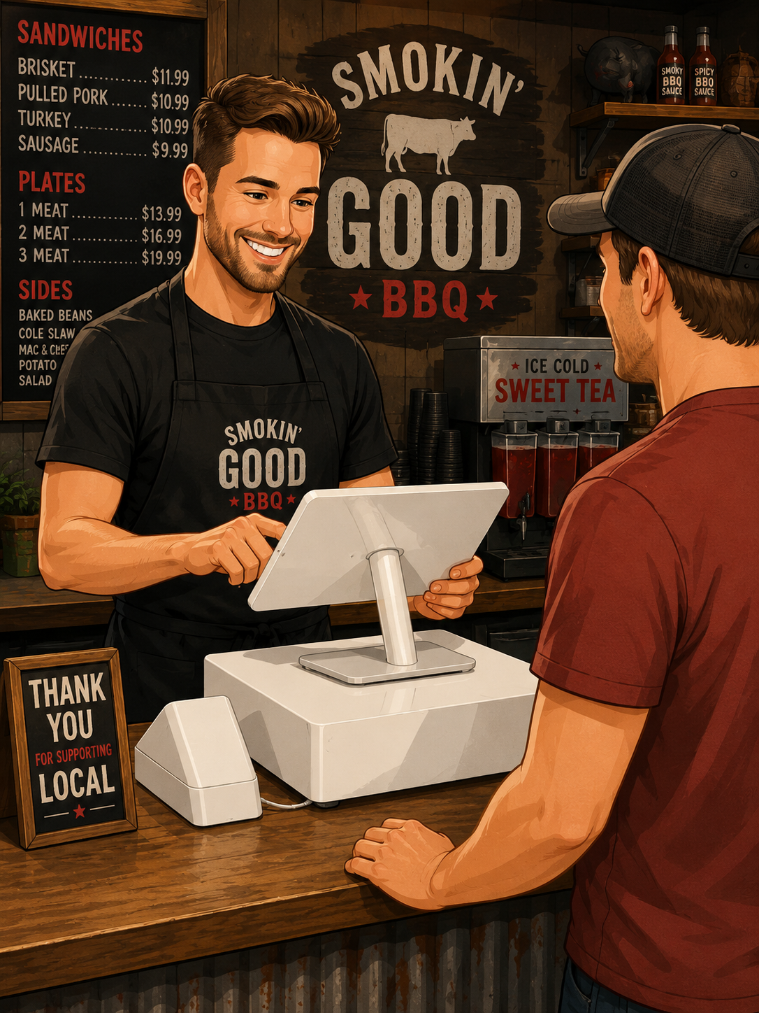 A McKinney BBQ owner ringing up a customer on a countertop POS system