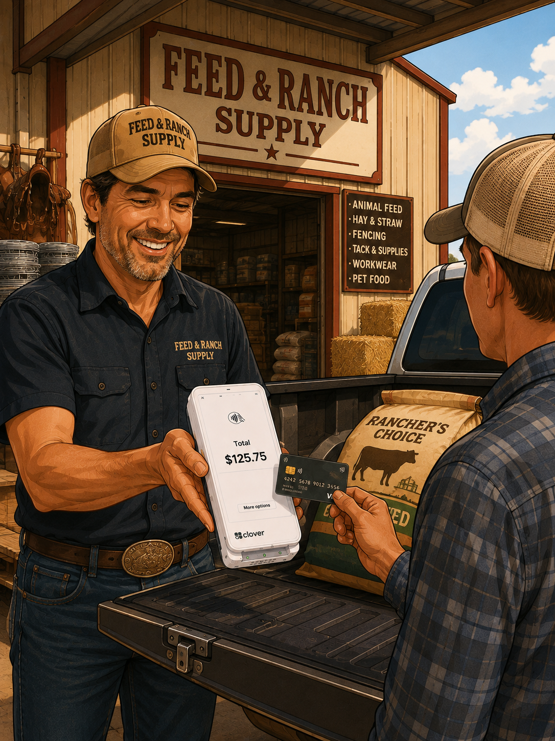 An Aubrey feed and ranch supply owner taking a card payment at a customer's truck