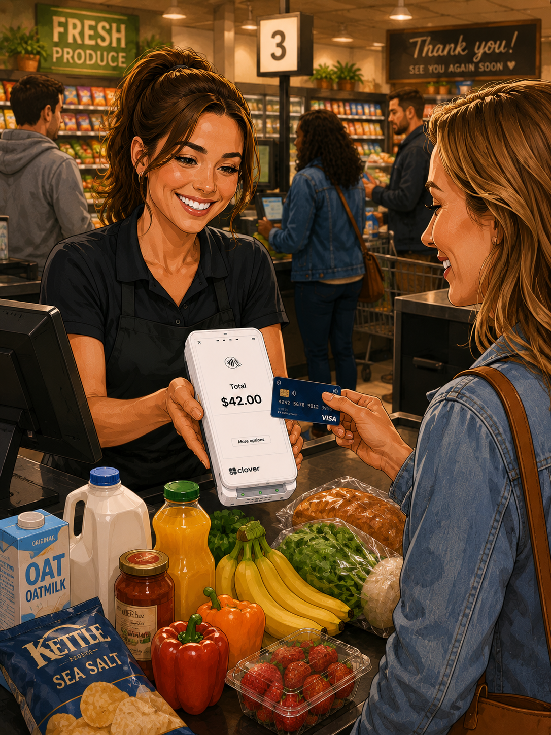 A Carrollton grocery cashier taking a card payment at the checkout lane
