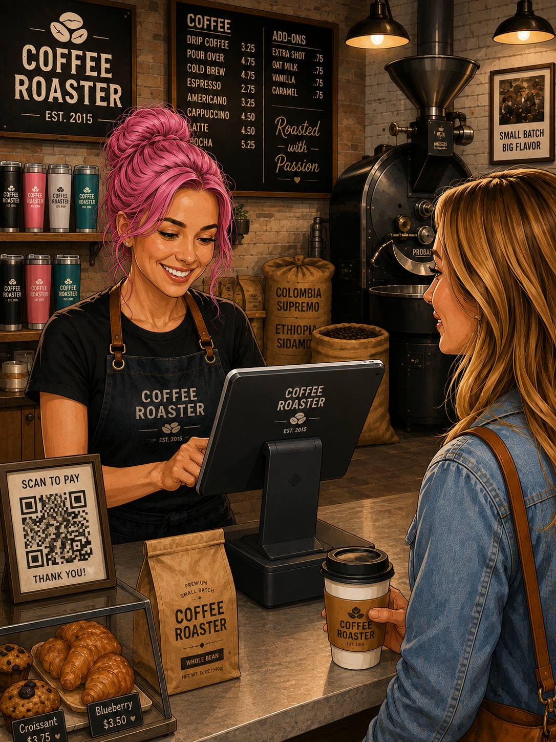 A Celina coffee roaster owner ringing up a customer on a countertop POS