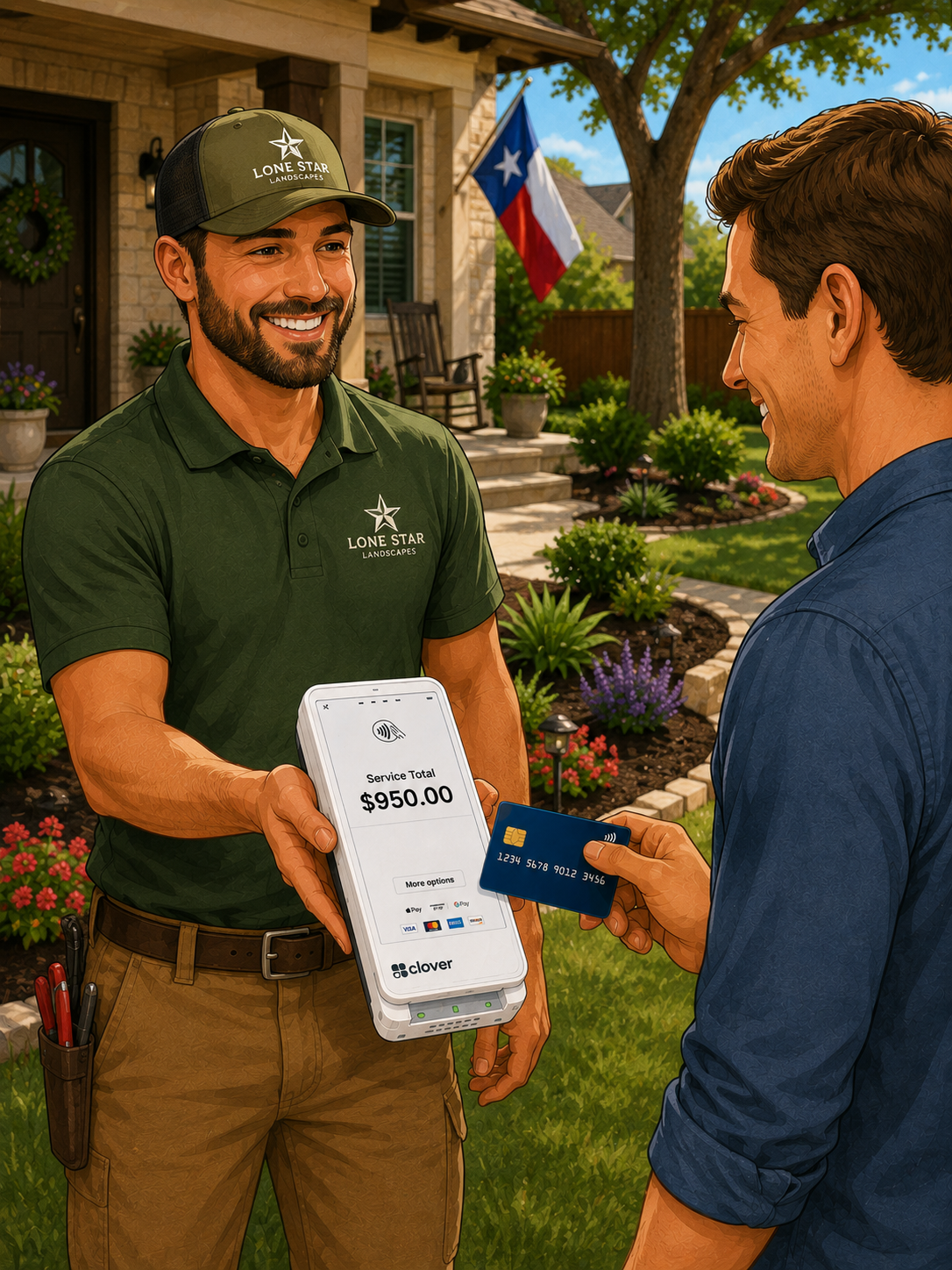 A Prosper landscaper taking a card payment on-site at a customer's home