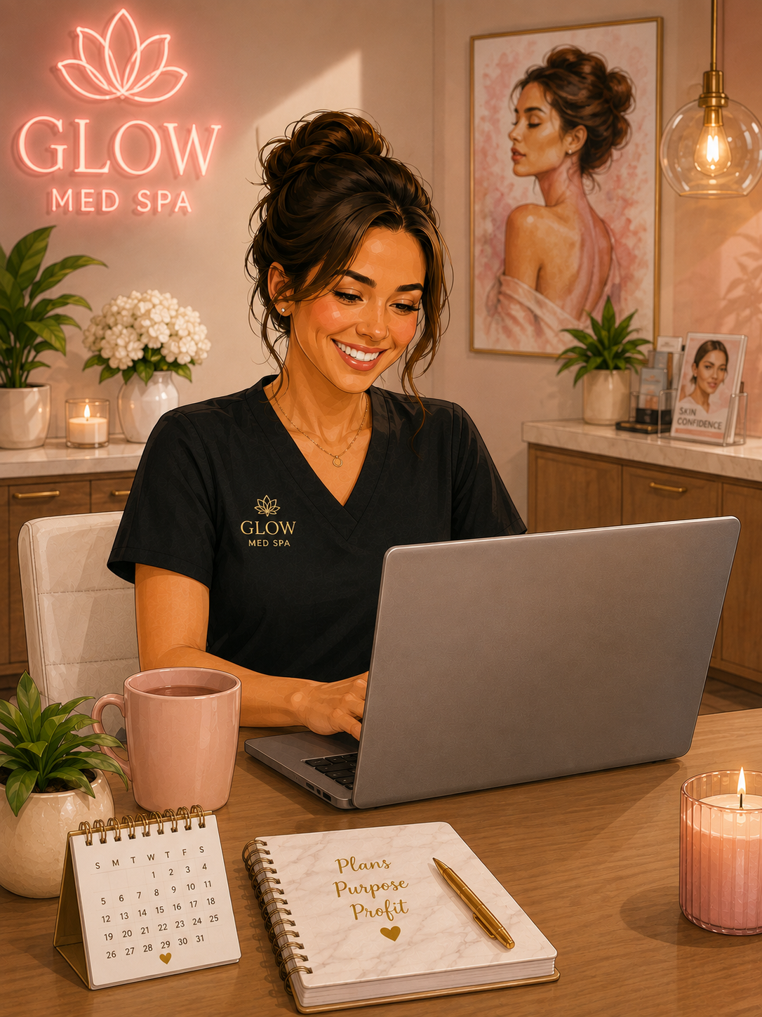 A Little Elm med spa owner catching up on her books at the front desk