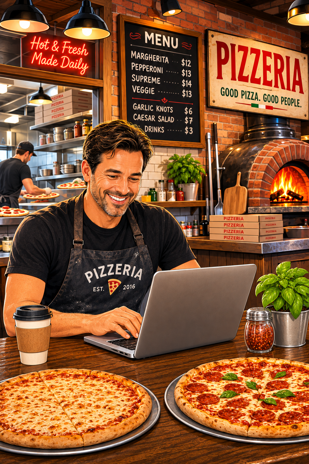 A Melissa pizzeria owner going over his numbers at the counter