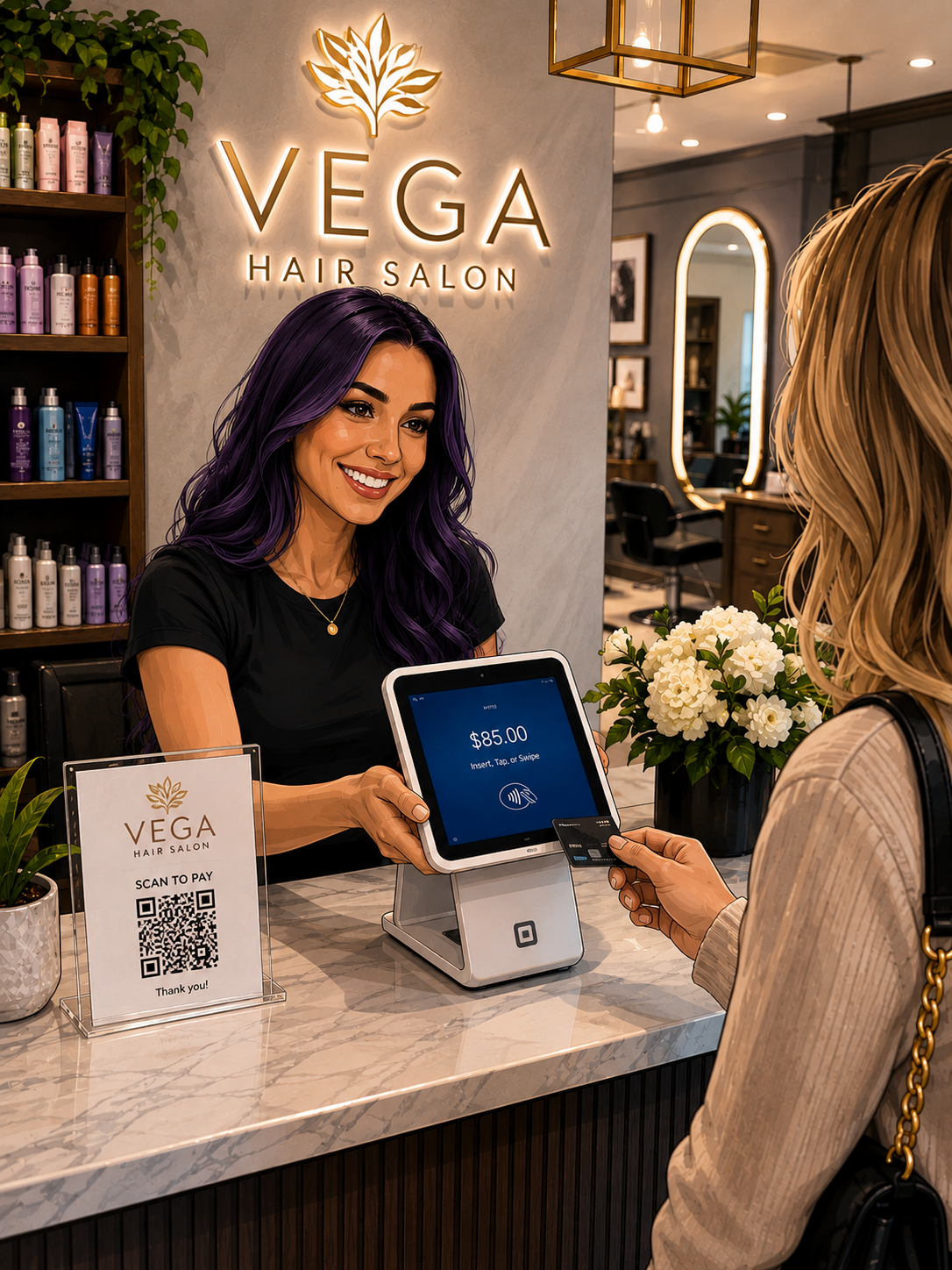 Salon receptionist taking a card payment at the front desk