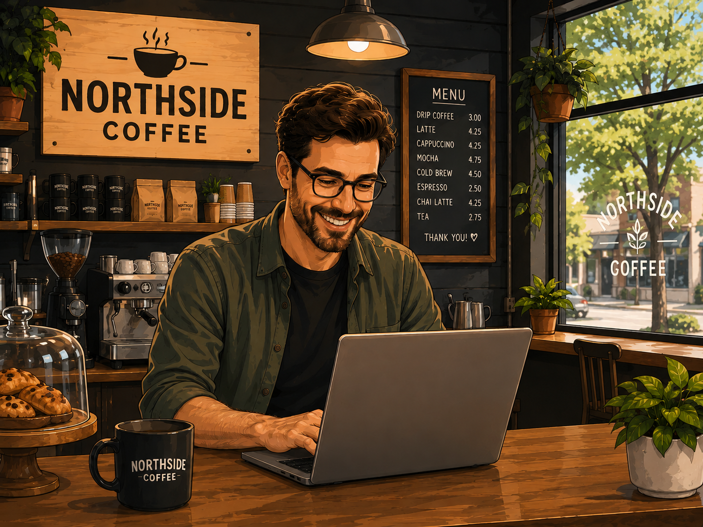 Cafe owner running payroll on a laptop at the counter