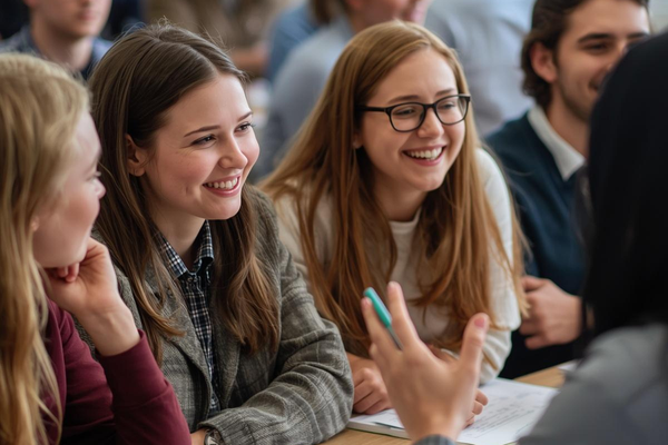 Students, smiling and speaking English