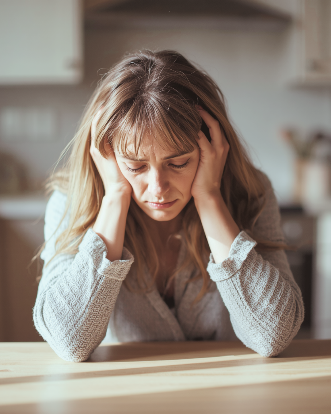 Tired midlife woman with head in hands experiencing the afternoon energy crash after 40