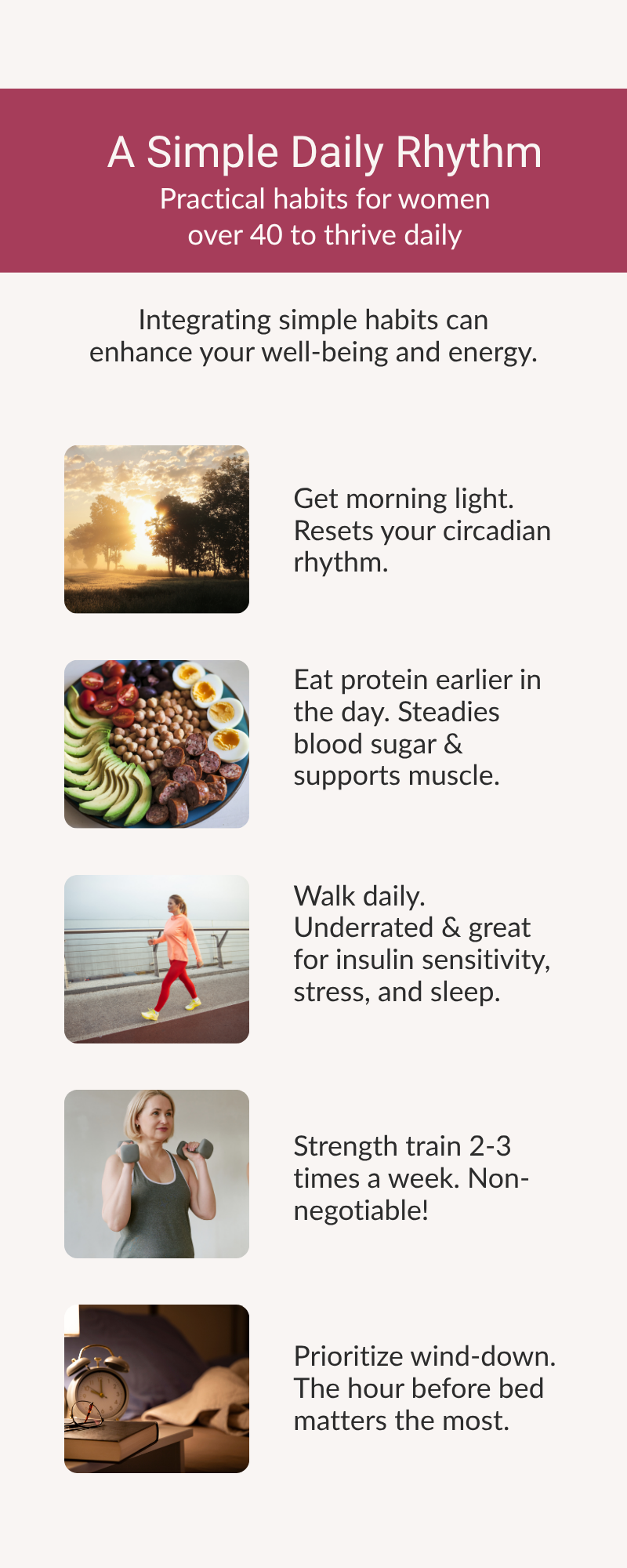 Simple daily rhythm for women 40+ showing morning light, protein, walking, strength training, and wind-down habits