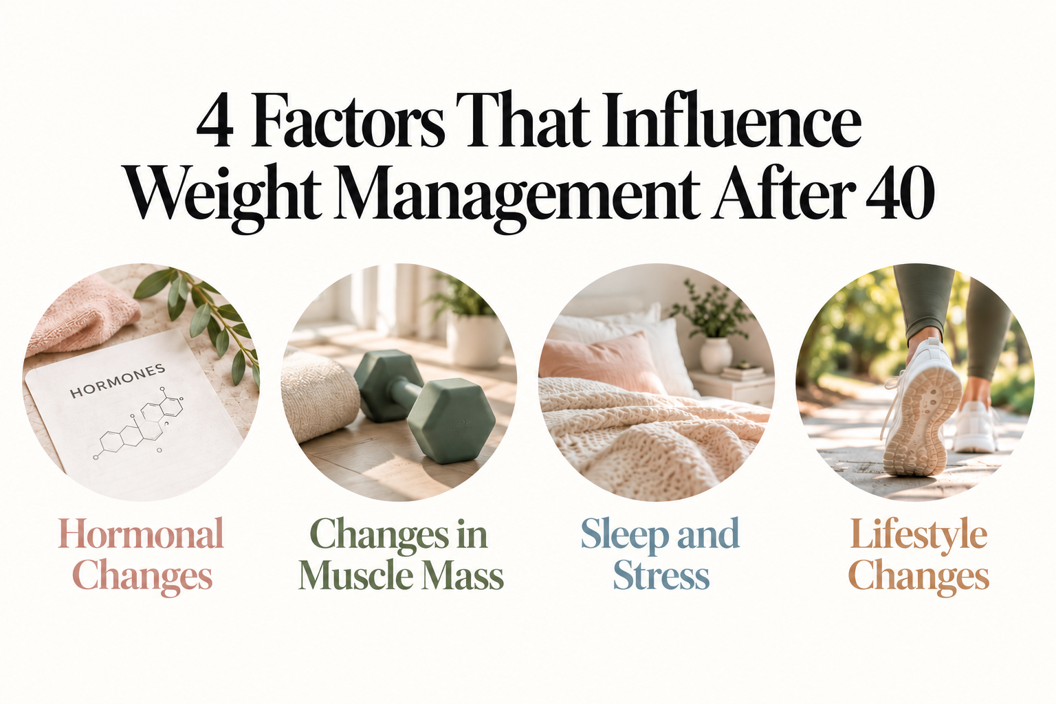Infographic titled “4 Factors That Influence Weight Management After 40,” featuring four circular images representing hormonal changes, changes in muscle mass, sleep and stress, and lifestyle changes. Infographic titled “4 Factors That Influence Weight Management After 40,” featuring four circular images representing hormonal changes, changes in muscle mass, sleep and stress, and lifestyle changes.
