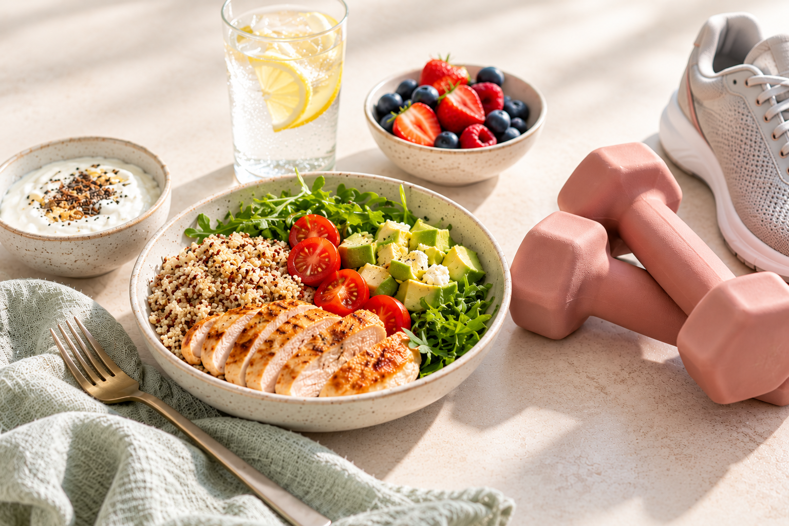 Healthy meal bowl with grilled chicken, quinoa, avocado, cherry tomatoes, and leafy greens, surrounded by fresh berries, yogurt, lemon water, pink dumbbells, and athletic shoes, representing balanced nutrition and exercise after 40. Healthy meal bowl with grilled chicken, quinoa, avocado, cherry tomatoes, and leafy greens, surrounded by fresh berries, yogurt, lemon water, pink dumbbells, and athletic shoes, representing balanced nutrition and exercise after 40.