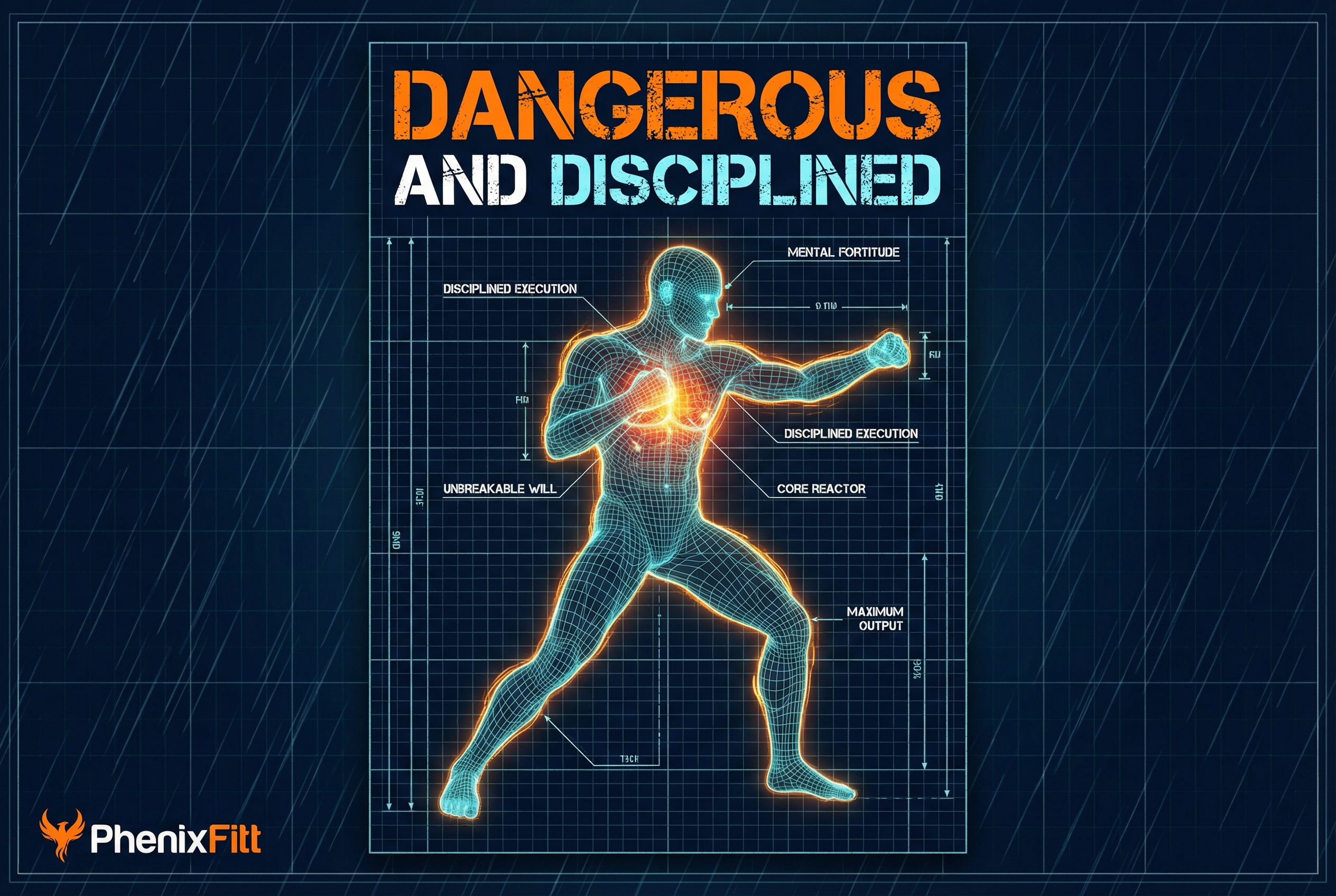 PhenixFitt blueprint-style illustration of a powerful wireframe figure in a fighting stance with rain falling around them and an orange glow radiating from within. Bold text reads DANGEROUS AND DISCIPLINED. Dark navy blueprint grid background.