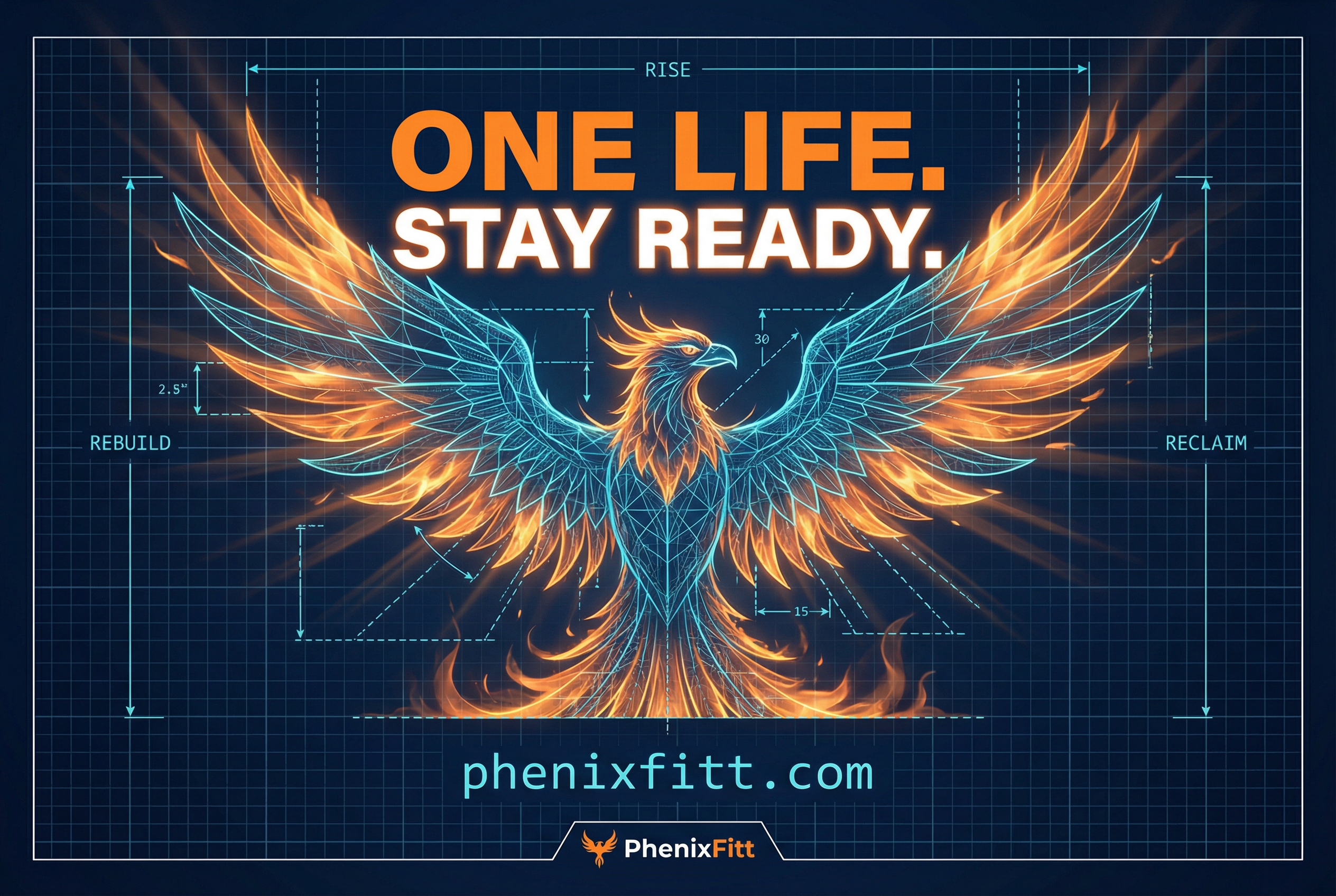 PhenixFitt blueprint-style illustration of a phoenix rising in orange and gold flames above a dark navy blueprint grid. Bold text reads ONE LIFE STAY READY with phenixfitt.com below. Engineering annotation lines frame the composition.