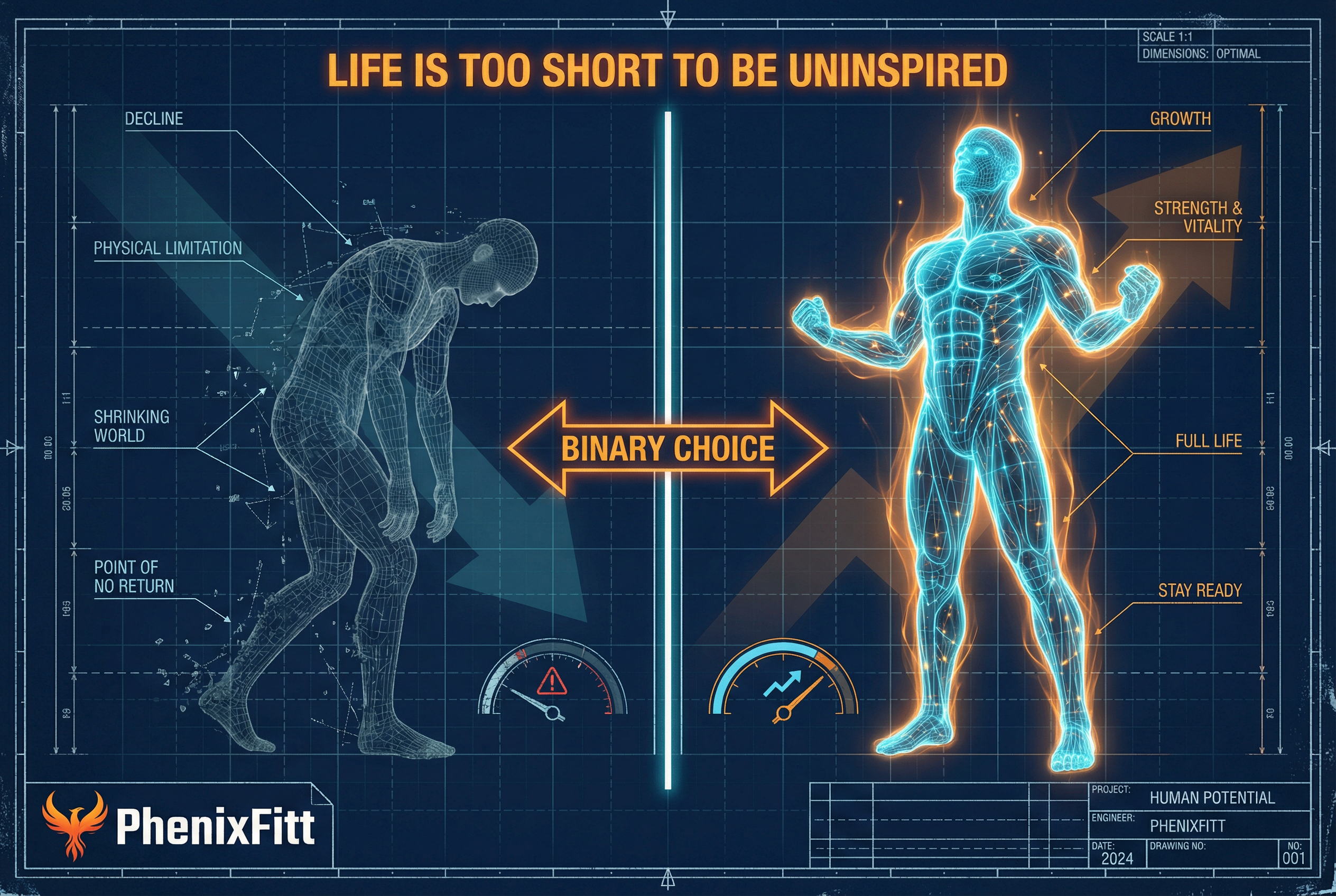 PhenixFitt blueprint-style split composition showing two wireframe figures. On the left a hunched dimming figure representing decline. On the right a vibrant upright figure representing growth. A center label reads BINARY CHOICE. Dark navy background with orange and cyan accents.