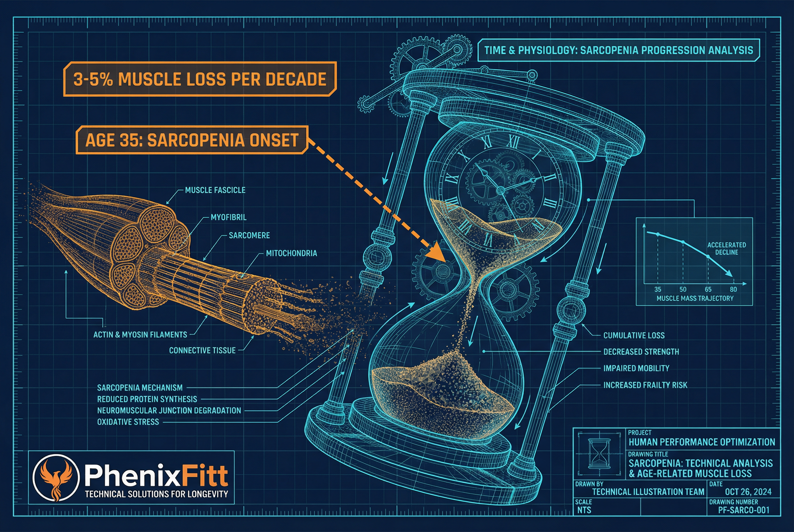 PhenixFitt blueprint-style illustration of an hourglass with muscle fibers dissolving and fading away. Technical annotations read 3 to 5 percent muscle loss per decade and Age 35 Sarcopenia Onset. Dark navy background with orange and cyan engineering callouts