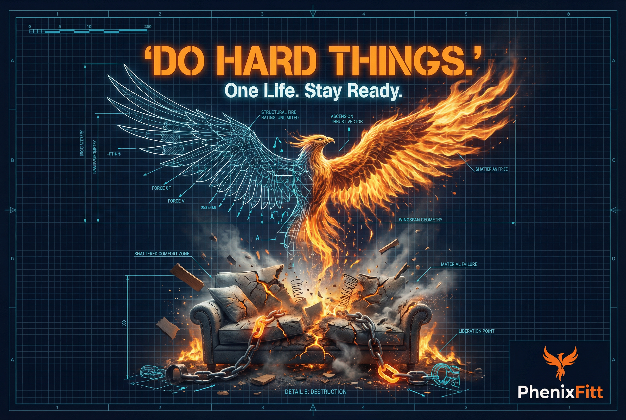 Phoenix rising from a shattered armchair and broken chains with one wing in blueprint wireframe and one wing in realistic fire. Bold text reads Do Hard Things with One Life Stay Ready below. PhenixFitt comfort zone escape fitness motivation."