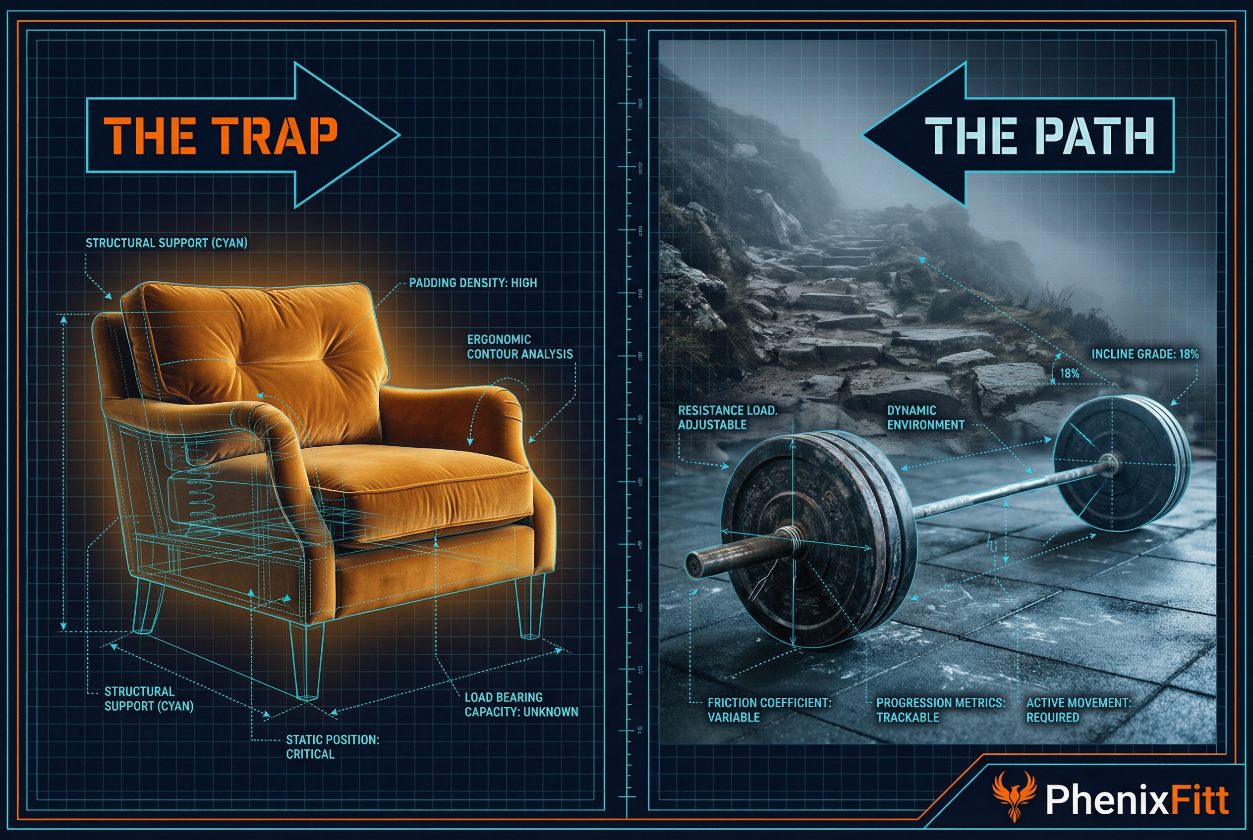 Split screen comparison showing a plush armchair labeled The Trap on the left and a heavy barbell on a rugged trail labeled The Path on the right. Blueprint engineering style with orange and cyan accents. PhenixFitt do hard things fitness concept.