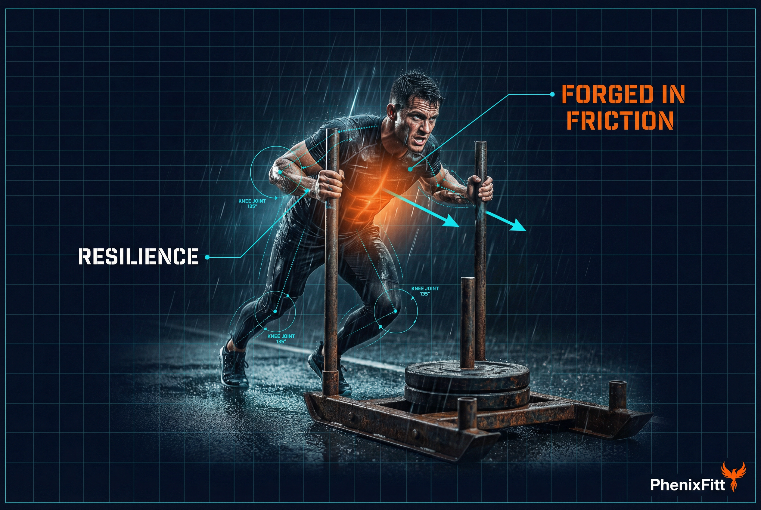 Split screen comparison showing a plush armchair labeled The Trap on the left and a heavy barbell on a rugged trail labeled The Path on the right. Blueprint engineering style with orange and cyan accents. PhenixFitt do hard things fitness concept.