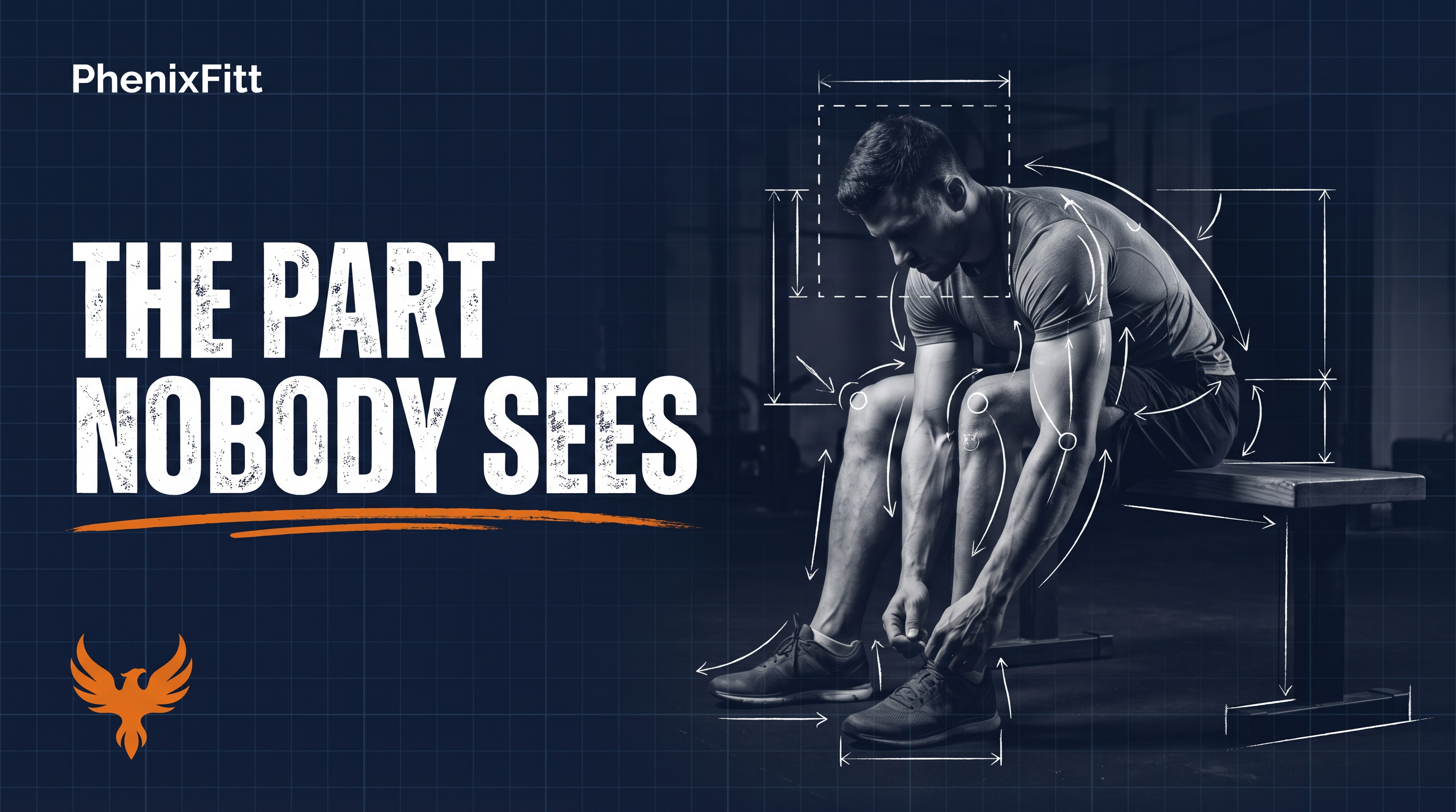 A dark, moody shot of someone lacing up training shoes alone in a gym before dawn. No filters. No audience. Just preparation.