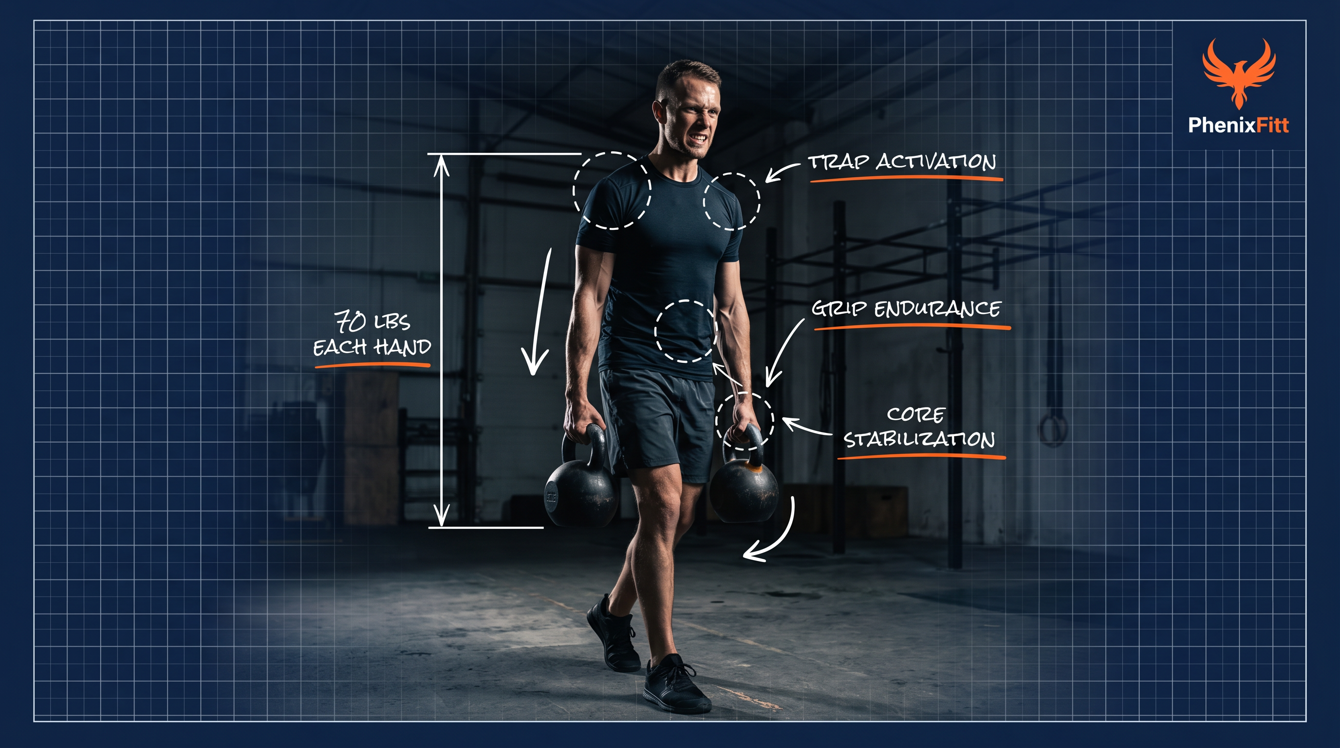 Athlete performing farmer's walk or sled push in outdoor training environment demonstrating functional strength and tactical fitness principles