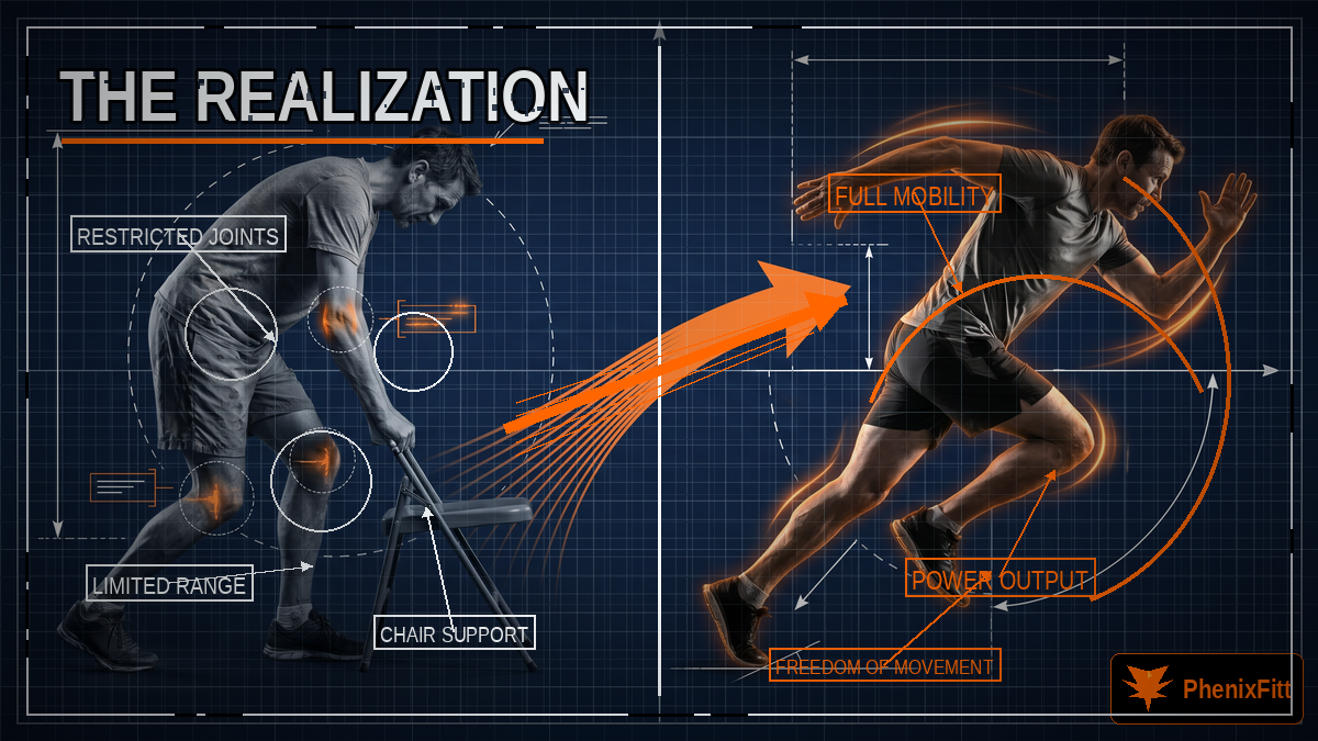 on one side, a person struggling to rise from a chair, stiff and limited. On the other side, the same figure moving freely, powerfully, with purpose. Blueprint annotations showing the contrast in joint mobility, muscle engagement, and range of motion. on one side, a person struggling to rise from a chair, stiff and limited. On the other side, the same figure moving freely, powerfully, with purpose. Blueprint annotations showing the contrast in joint mobility, muscle engagement, and range of motion.