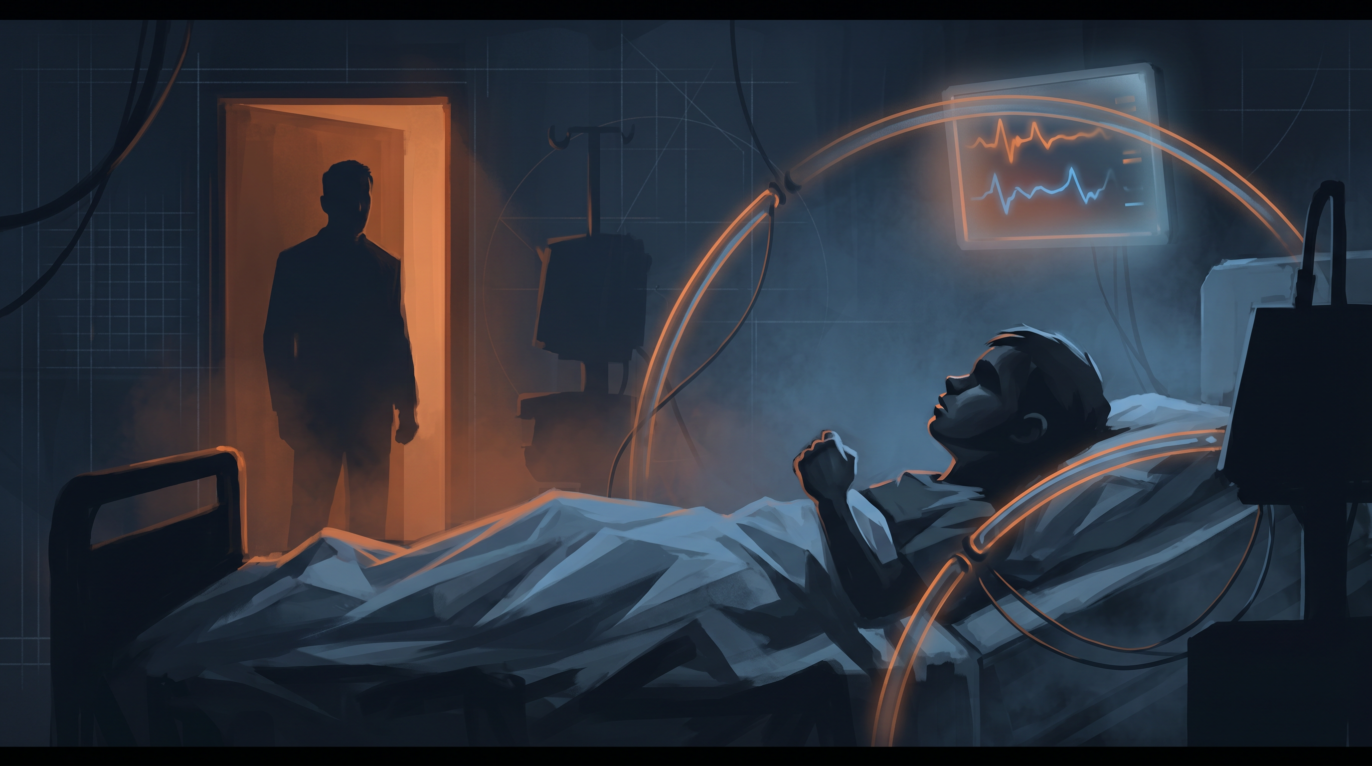 A small child in a hospital setting, defiant and alive despite the medical equipment. Blueprint-style annotations tracing the throat, the tubes, the monitors. Dark, emotional, cinematic. A father's silhouette in the doorway.