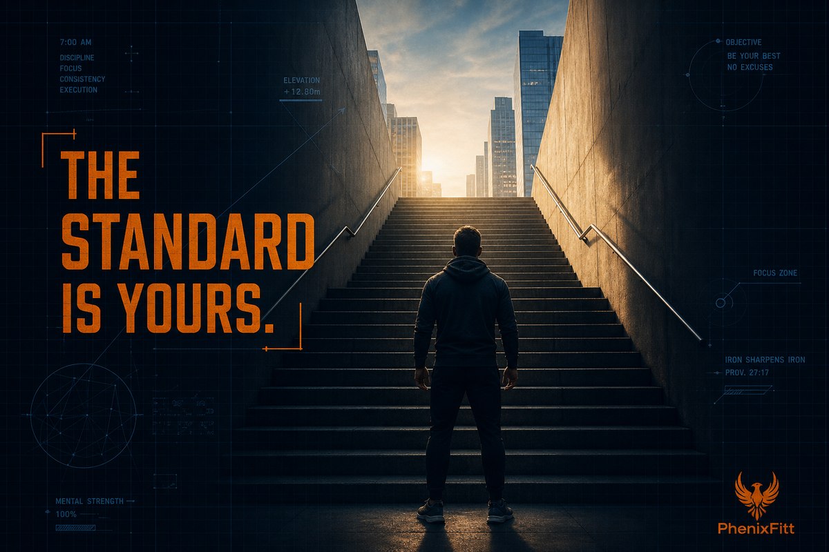 Man standing at the bottom of a large concrete staircase looking up toward morning sunlight, dark blueprint overlay with annotations for discipline focus consistency and execution, bold orange text reading The Standard Is Yours, PhenixFitt branding Title Tag: The Standard Is Yours — Set Your Own Fitness Standard After 40 — PhenixFi