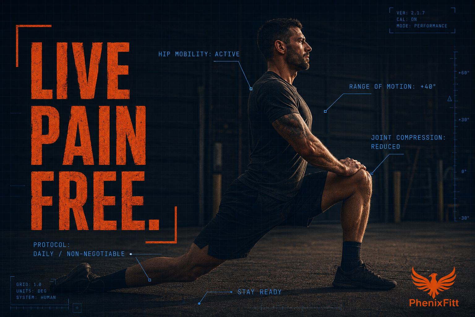 Athletic man performing the Half-Kneeling Hip Flexor Stretch on a navy blueprint background — PhenixFitt Stay Ready mobility training for pain-free movement