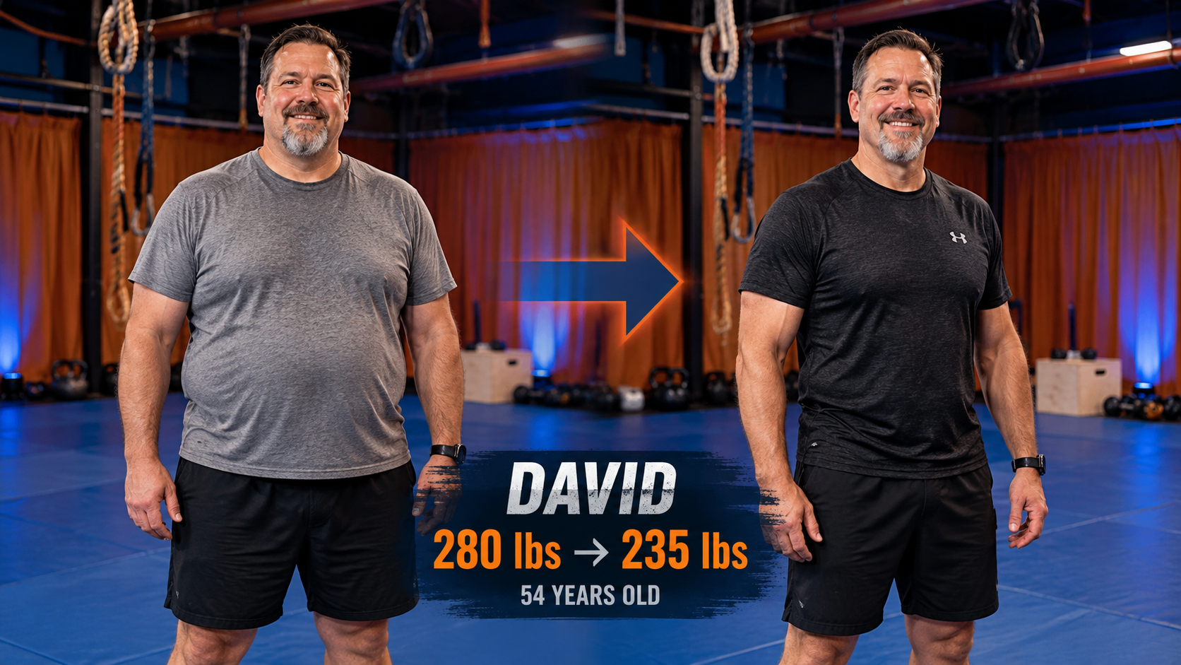 David, age 54, before and after: 280 lbs to 235 lbs, stronger after strength training with PhenixFitt