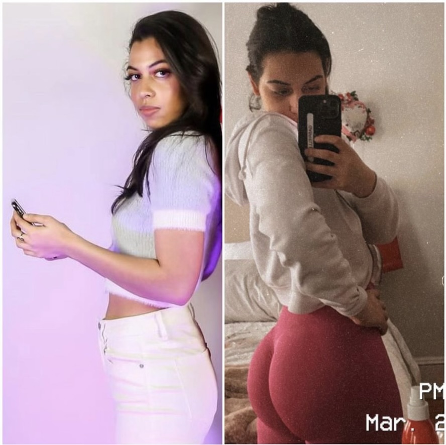 Gabi Oliveira's side-by-side glutes and mirror transformation comparison photos
