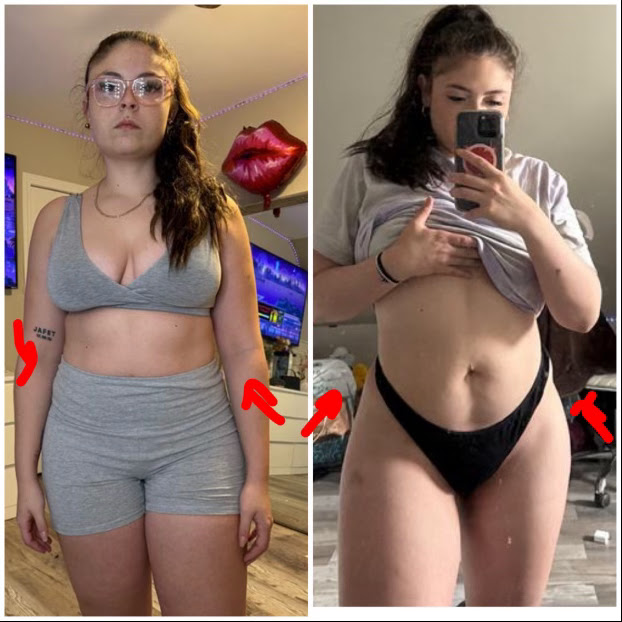Halima Castano's side-by-side transformation comparison photos with waist markers