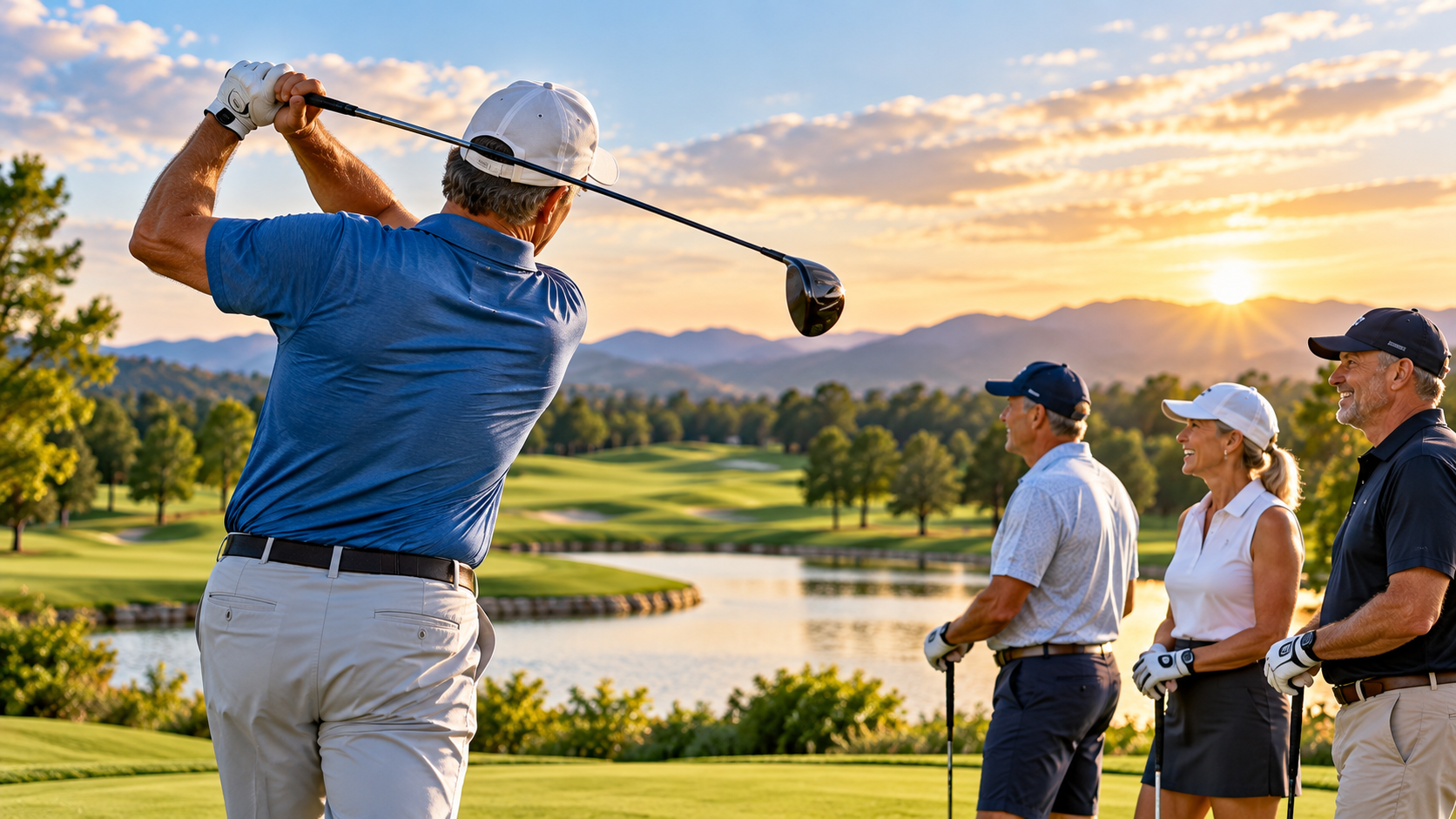 Mature golfers enjoying a scenic round of golf