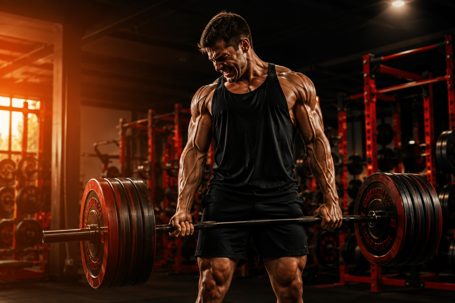Athlete gripping a heavily loaded barbell mid-deadlift in a dark gym