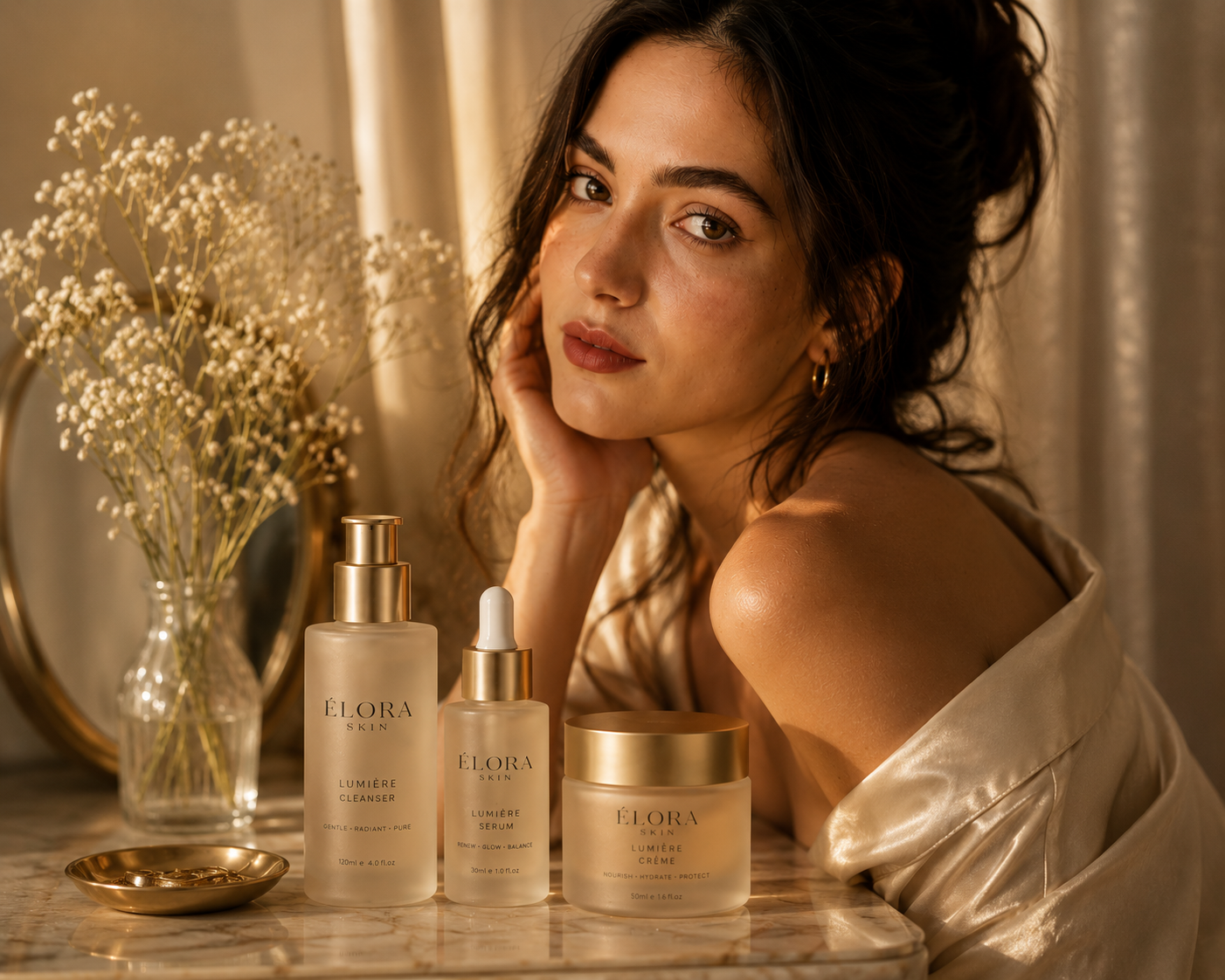 ÉLORA skincare ritual with woman, products, flowers and luxury setting