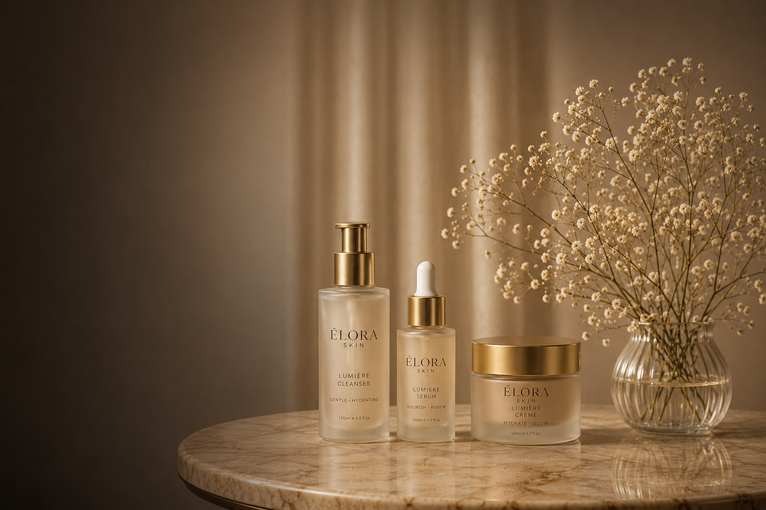 ÉLORA skincare products on a warm luxury table with flowers
