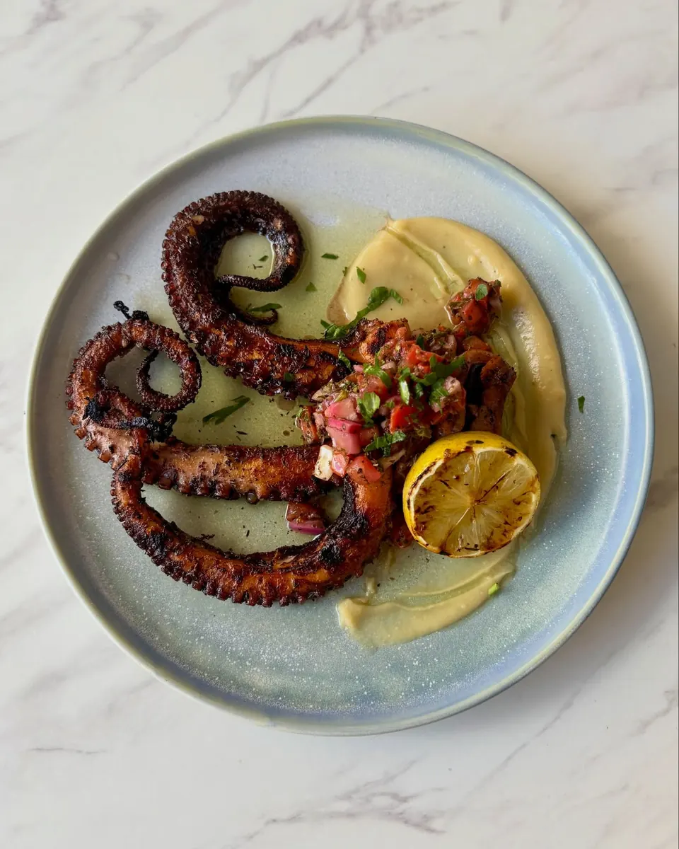 Chargrilled octopus with salsa over fava purée and a charred lemon