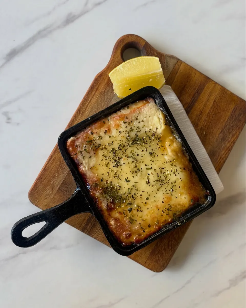 Moussaka topped with golden béchamel in a cast-iron dish