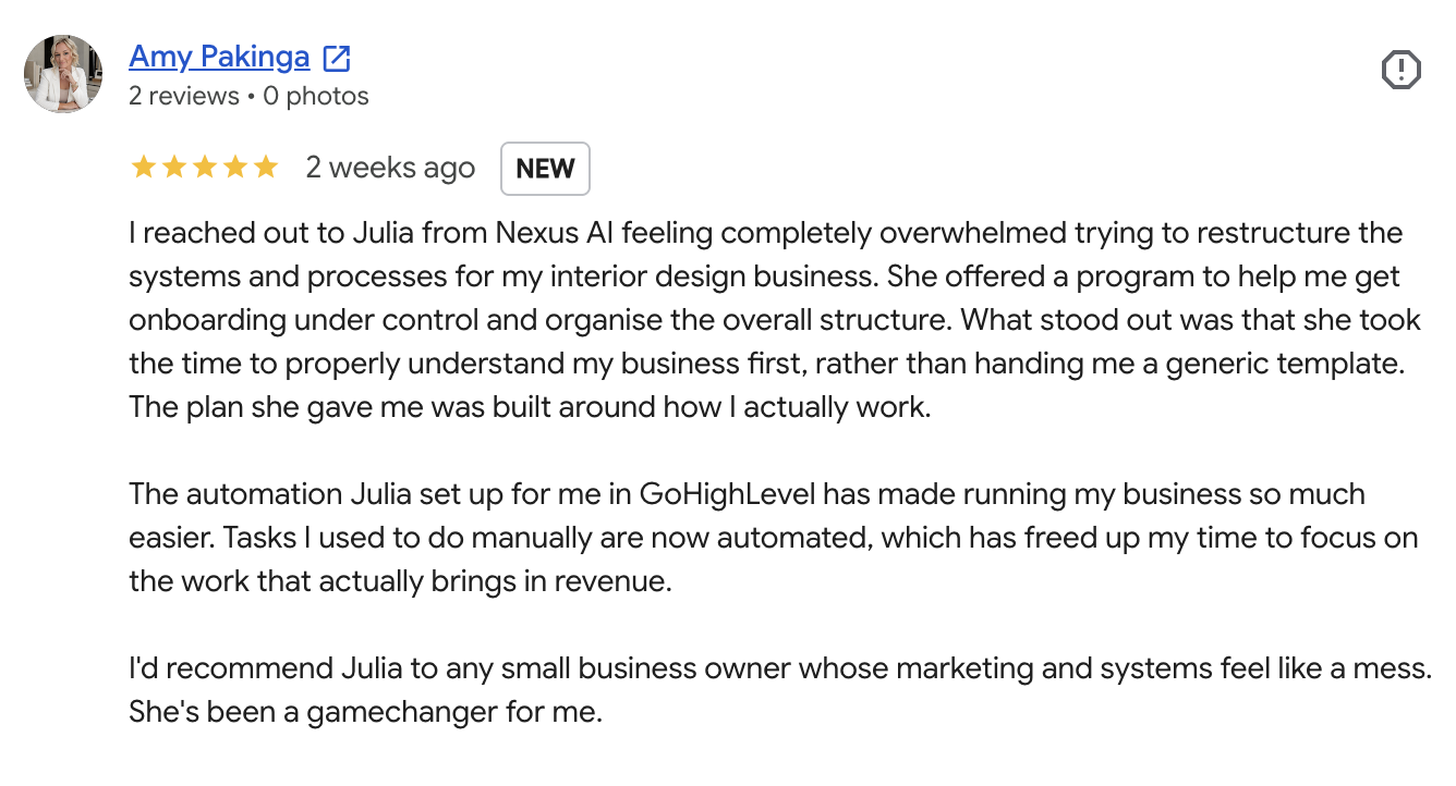 Google review from Amy Pakinga, 5 stars: a plan built around how she actually works and GoHighLevel automation that freed up her time