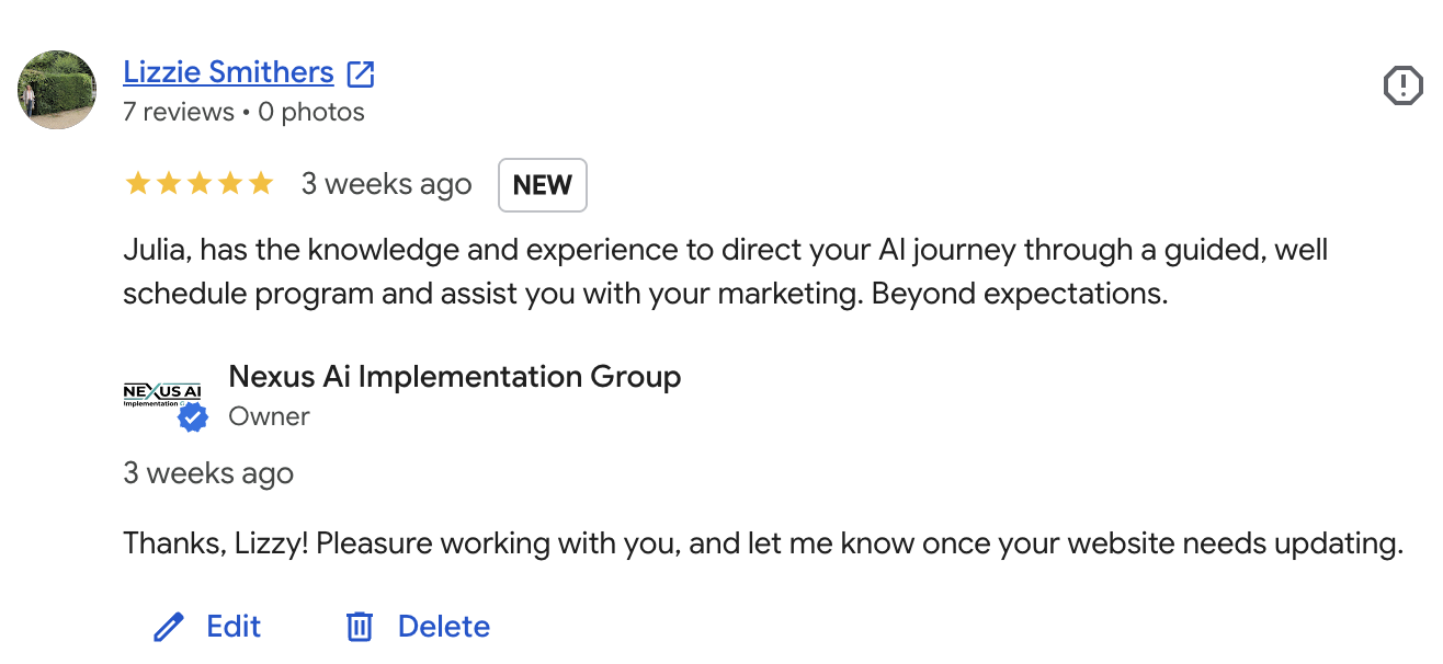 Google review from Lizzie Smithers, 5 stars: knowledge and experience to direct your AI journey and assist with marketing