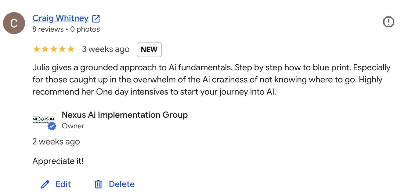 Google review from Craig Whitney, 5 stars: a grounded, step by step approach to AI fundamentals