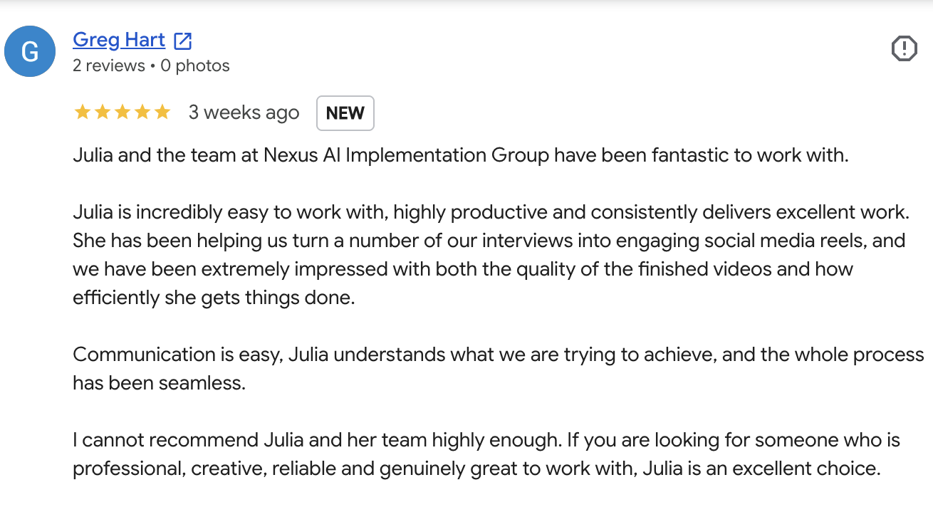 Google review from Greg Hart, 5 stars: easy to work with, highly productive, turning interviews into social media reels