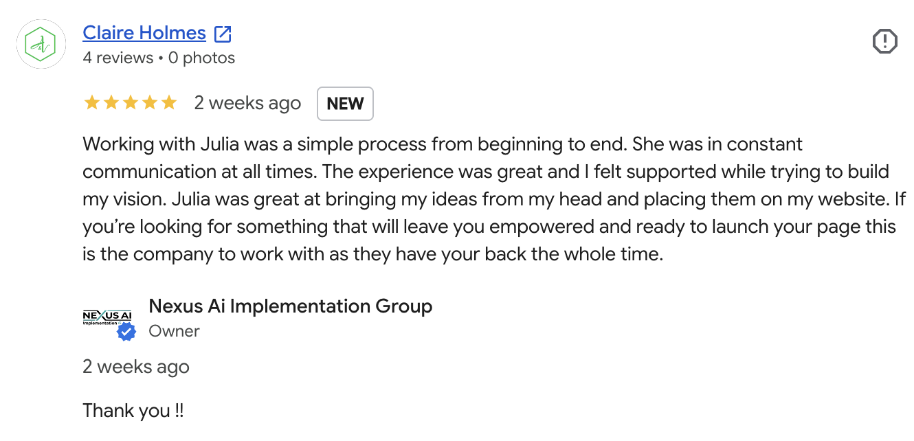 Google review from Claire Holmes, 5 stars: a simple process from beginning to end, in constant communication, felt supported