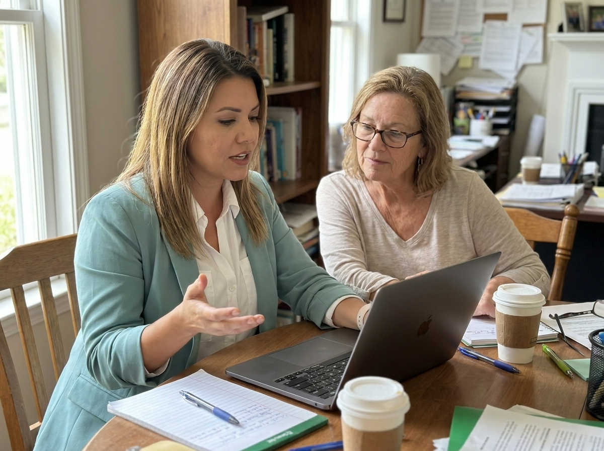 Julia Mann working through a laptop one-on-one with a client in their home office