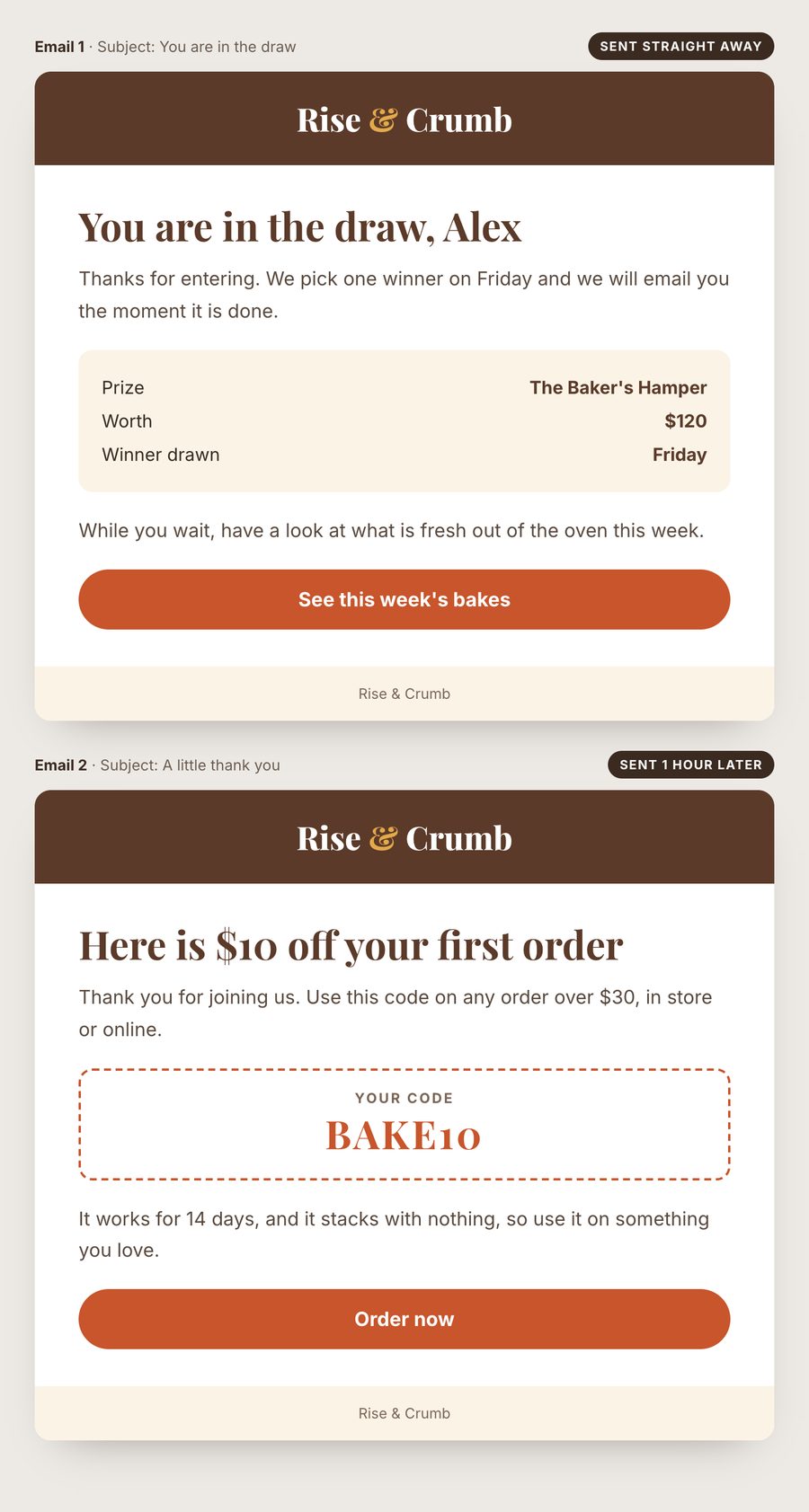 Thank-you emails after entering a bakery giveaway