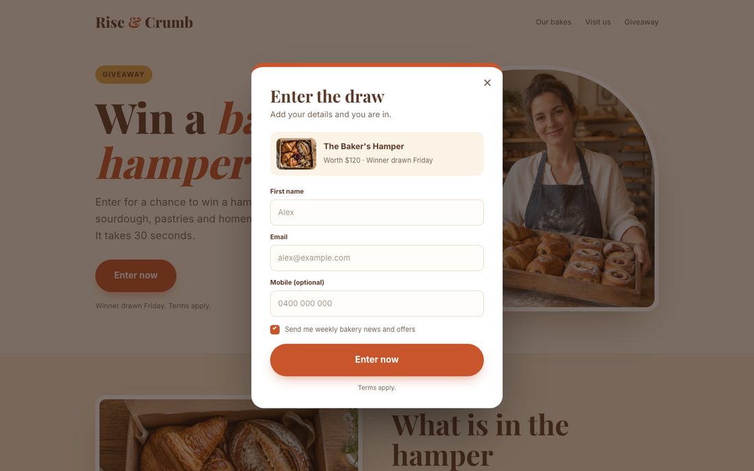Entry pop-up form for a bakery giveaway