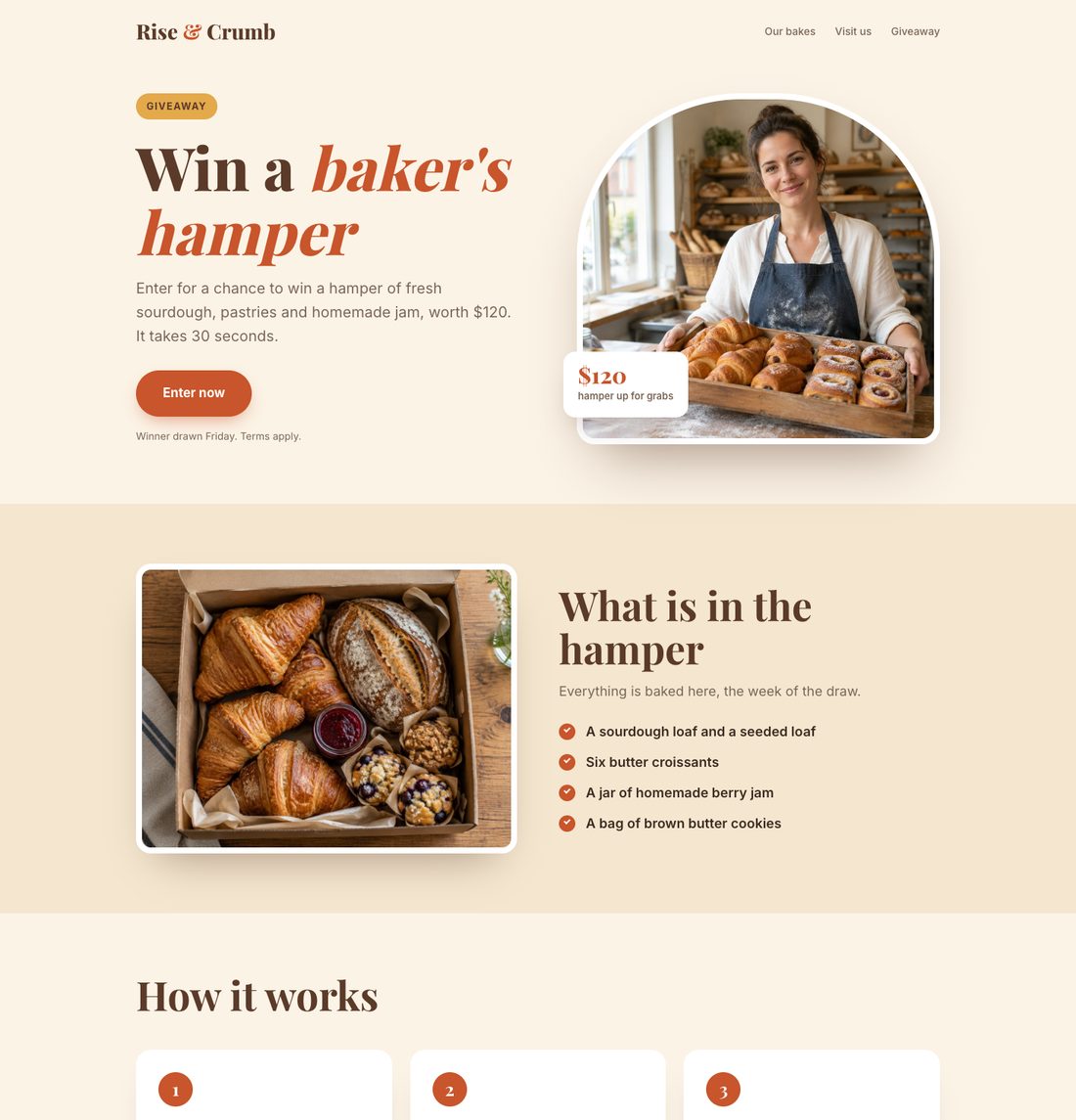 Giveaway landing page for a bakery